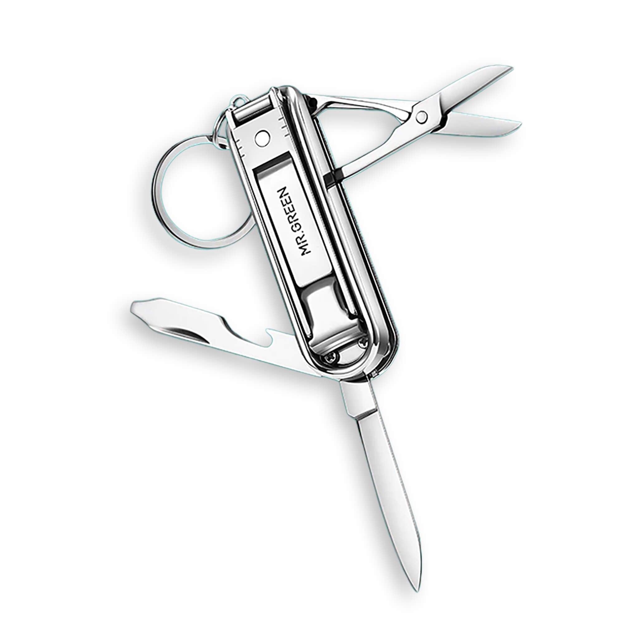 MR.GREEN 6-in-1 stainless nail clipper multi-tool with scissors, file, knife, bottle opener and key ring on teal hero.