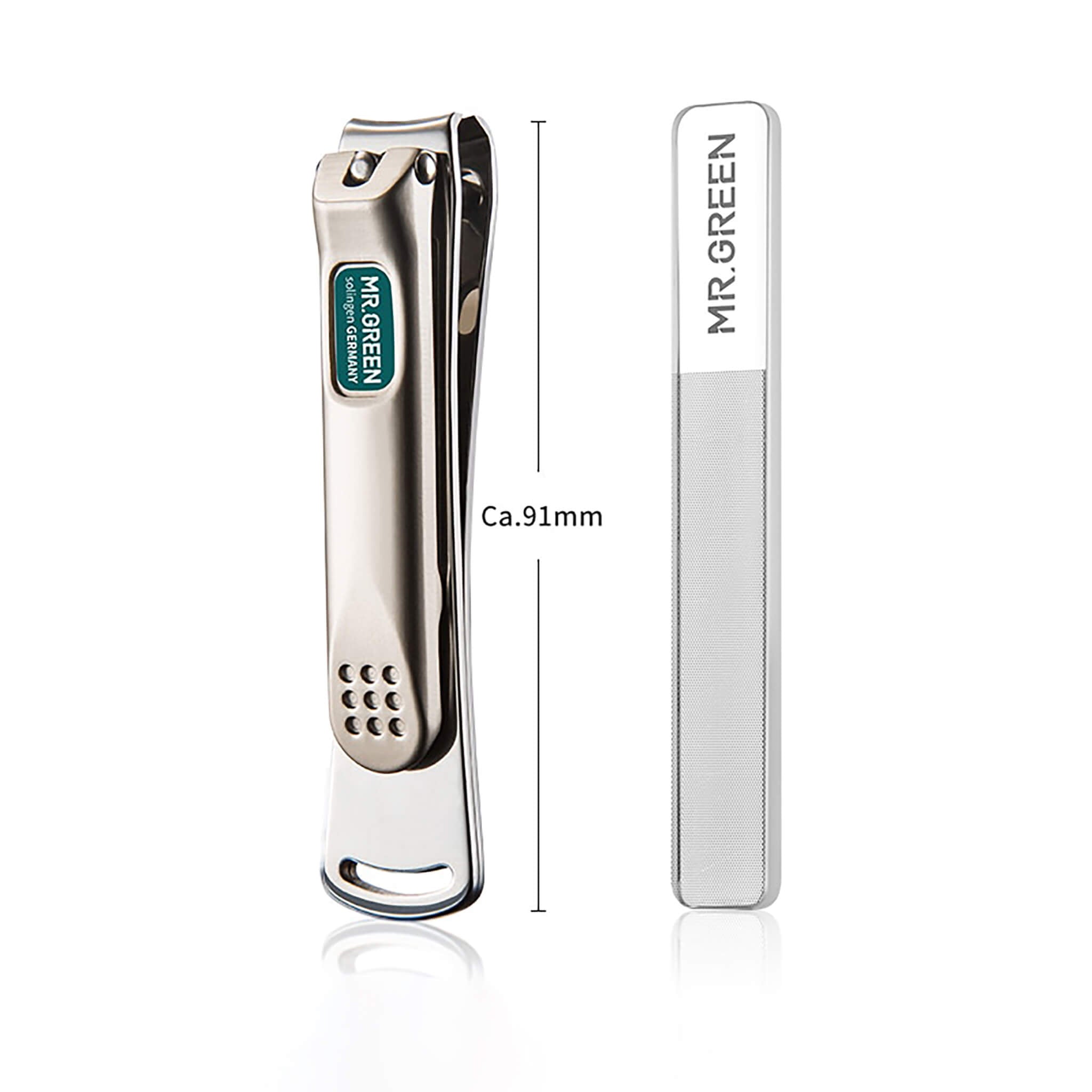 MR.GREEN 91 mm curved blade stainless steel clippers with glass nail file—ultra-sharp, durable grooming set for travel.