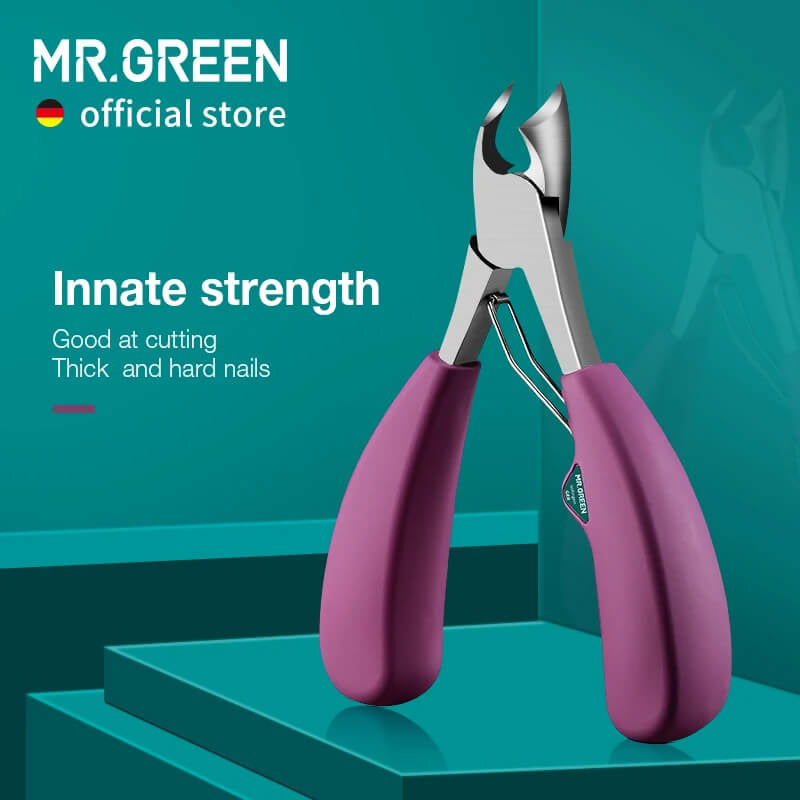 MR.GREEN ingrown toenail clipper with sharp curved blades and non-slip purple handles on teal; trims thick, hard nails safely.