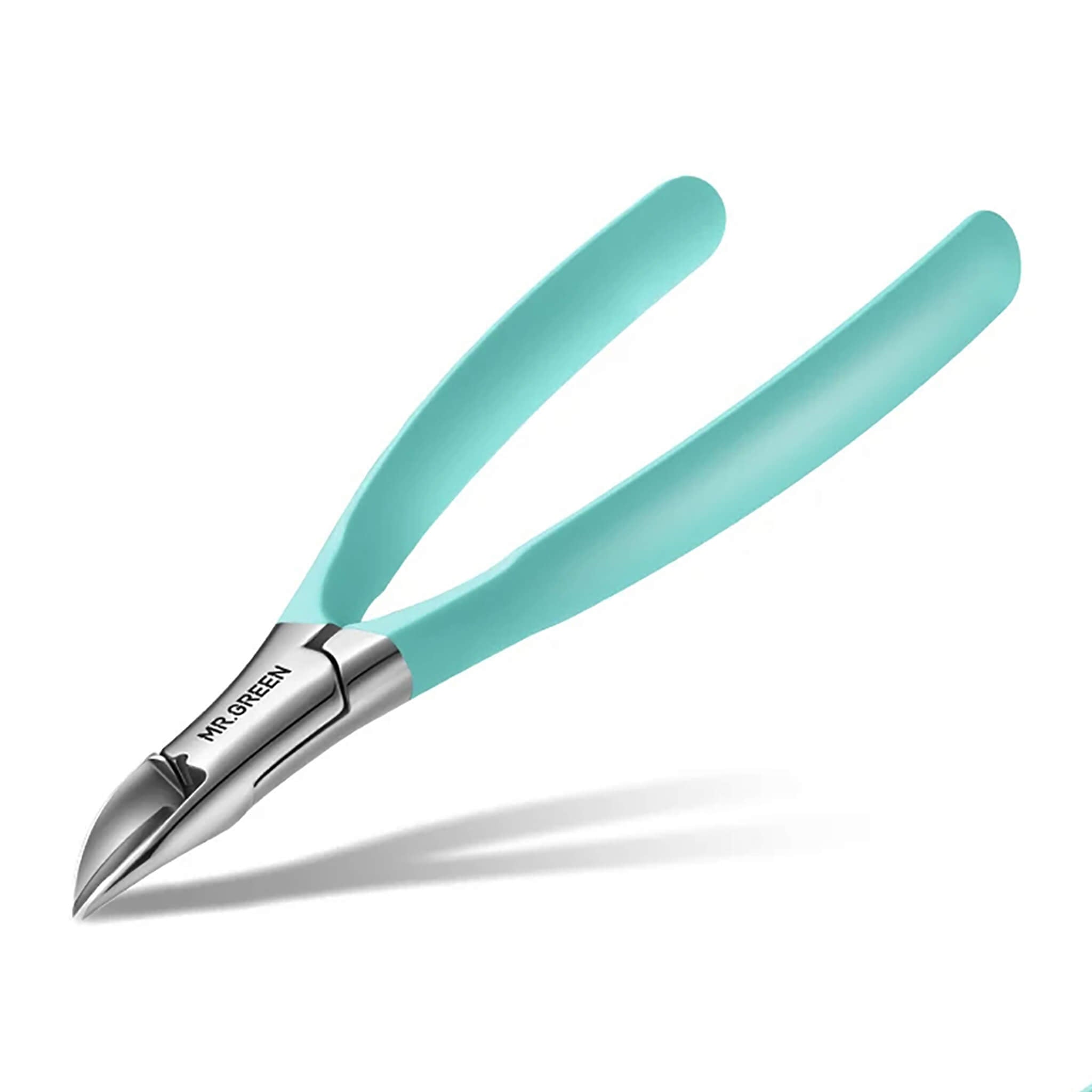 MR.GREEN MR-1036GR long handle ingrown toenail clipper with mint green grips and stainless olecranon tip product isolated