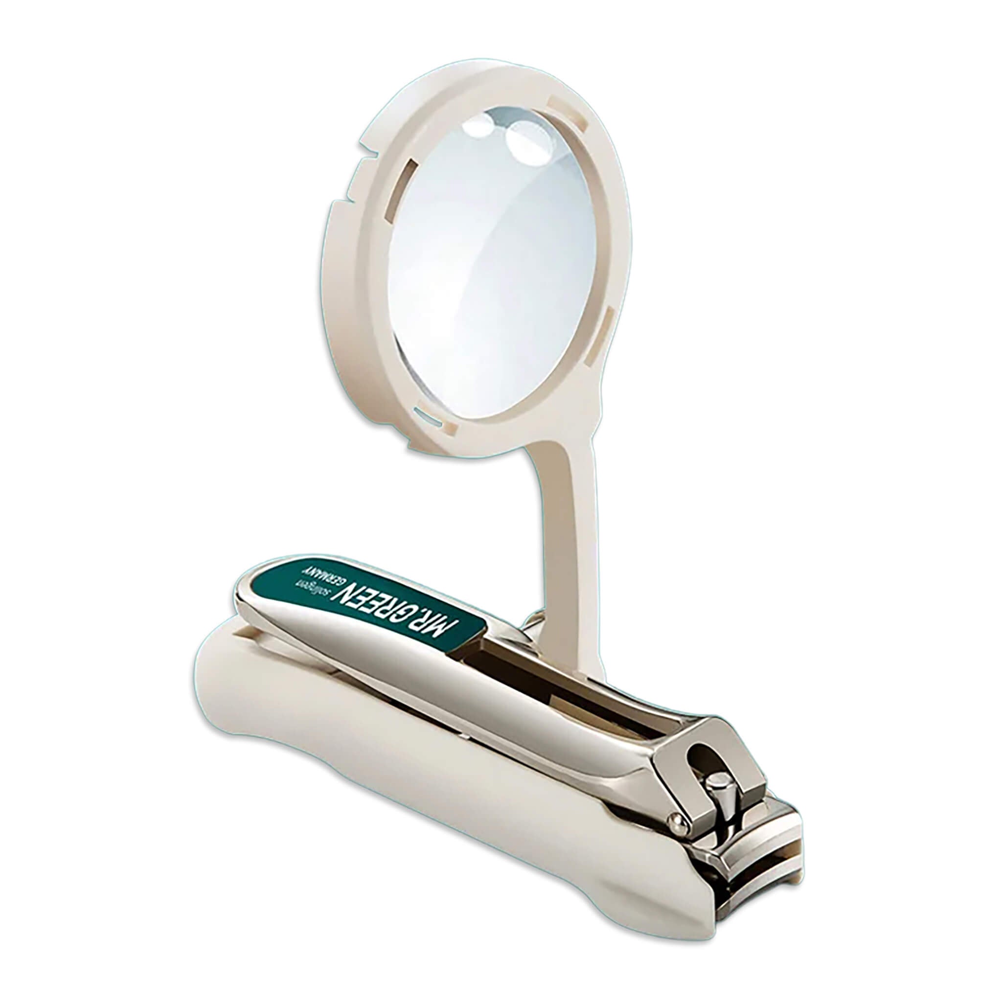 MR.GREEN stainless-steel nail clipper with 2x magnifying glass and anti-splash body, isolated on white for e-commerce.