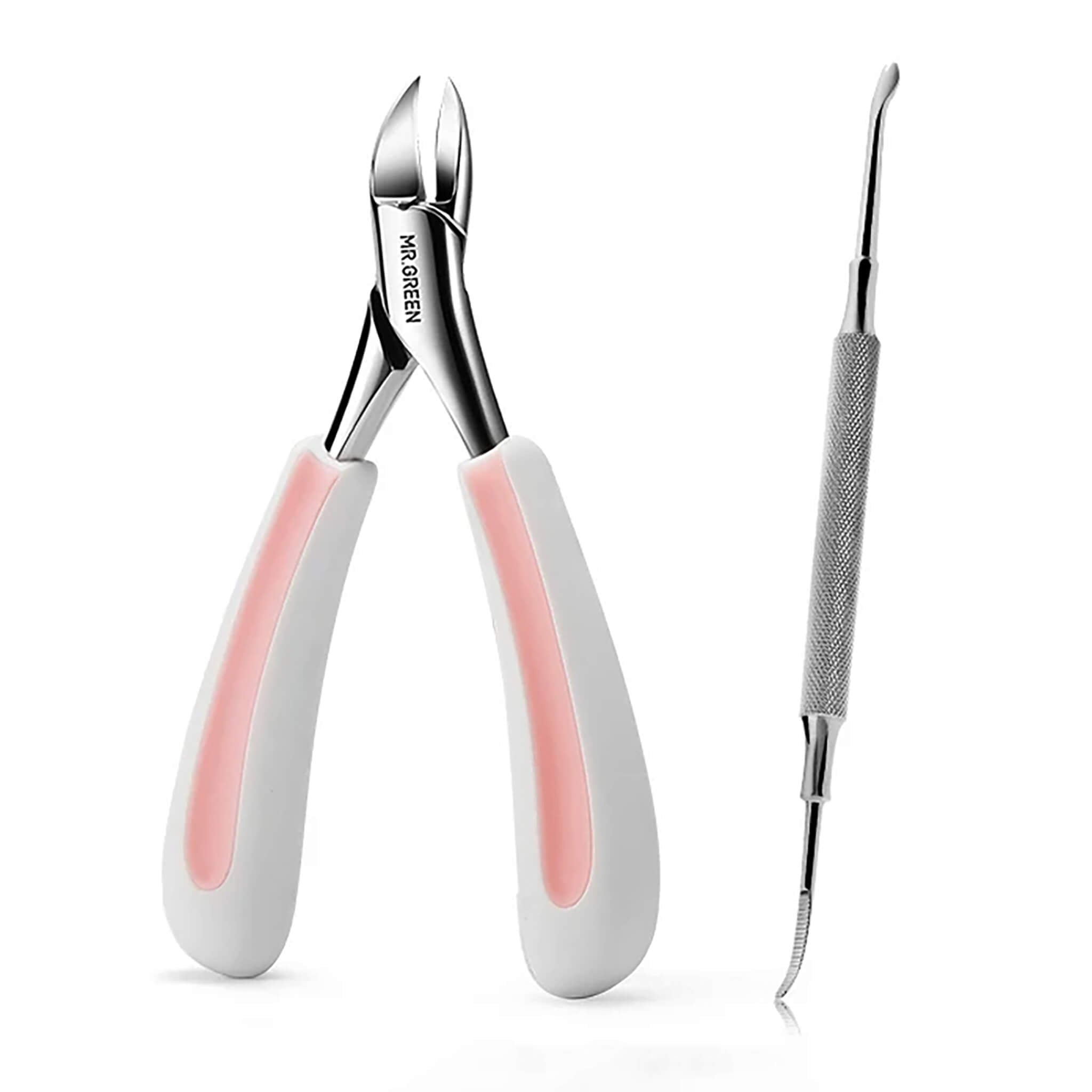 MR.GREEN MR-1035PI Plus set—rabbit ears nipper with white/pink non-slip handles and stainless nail lifter for groove cleaning, on white.