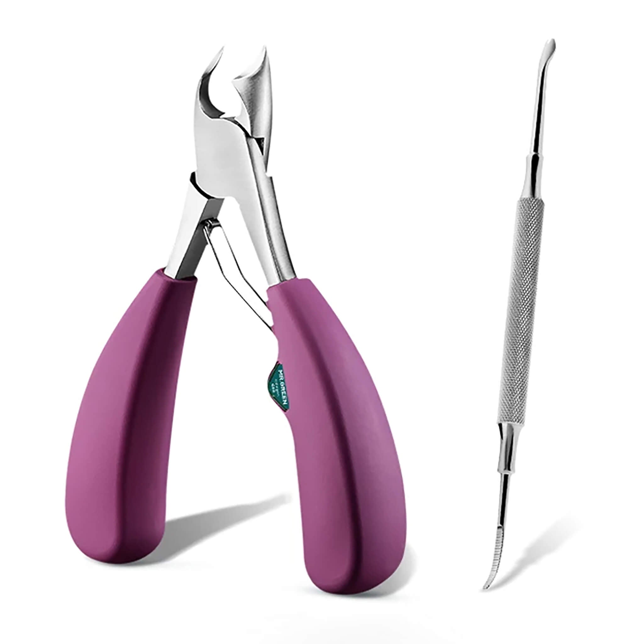 Set MR.GREEN MR-1026PU Plus — tang kuku pegangan ungu dan pengangkat/pembersih celah stainless di latar putih untuk kuku tumbuh ke dalam.
