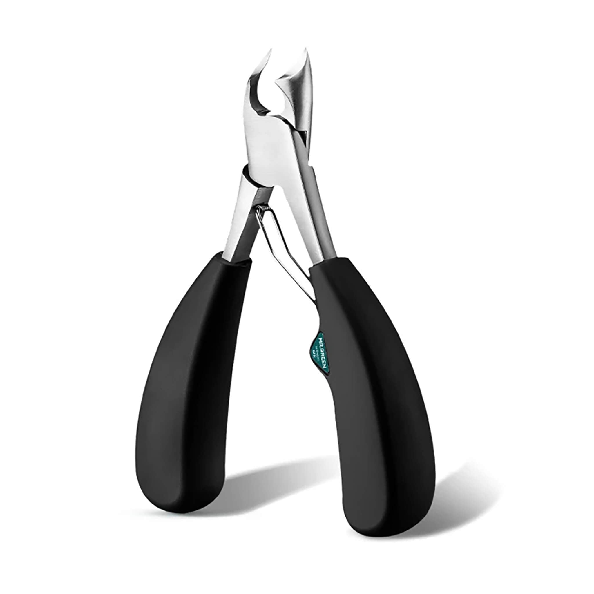 MR.GREEN 巻き爪用ニッパー MR-1026BK 黒ハンドル。カーブしたステンレス刃とスプリング機構の白背景製品画像。
