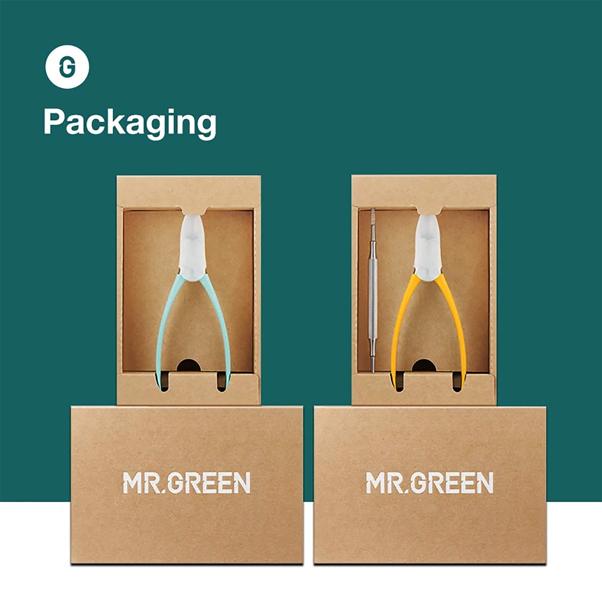 MR.GREEN packaging photo in kraft boxes showing single nipper and plus set with ingrown lifter official presentation