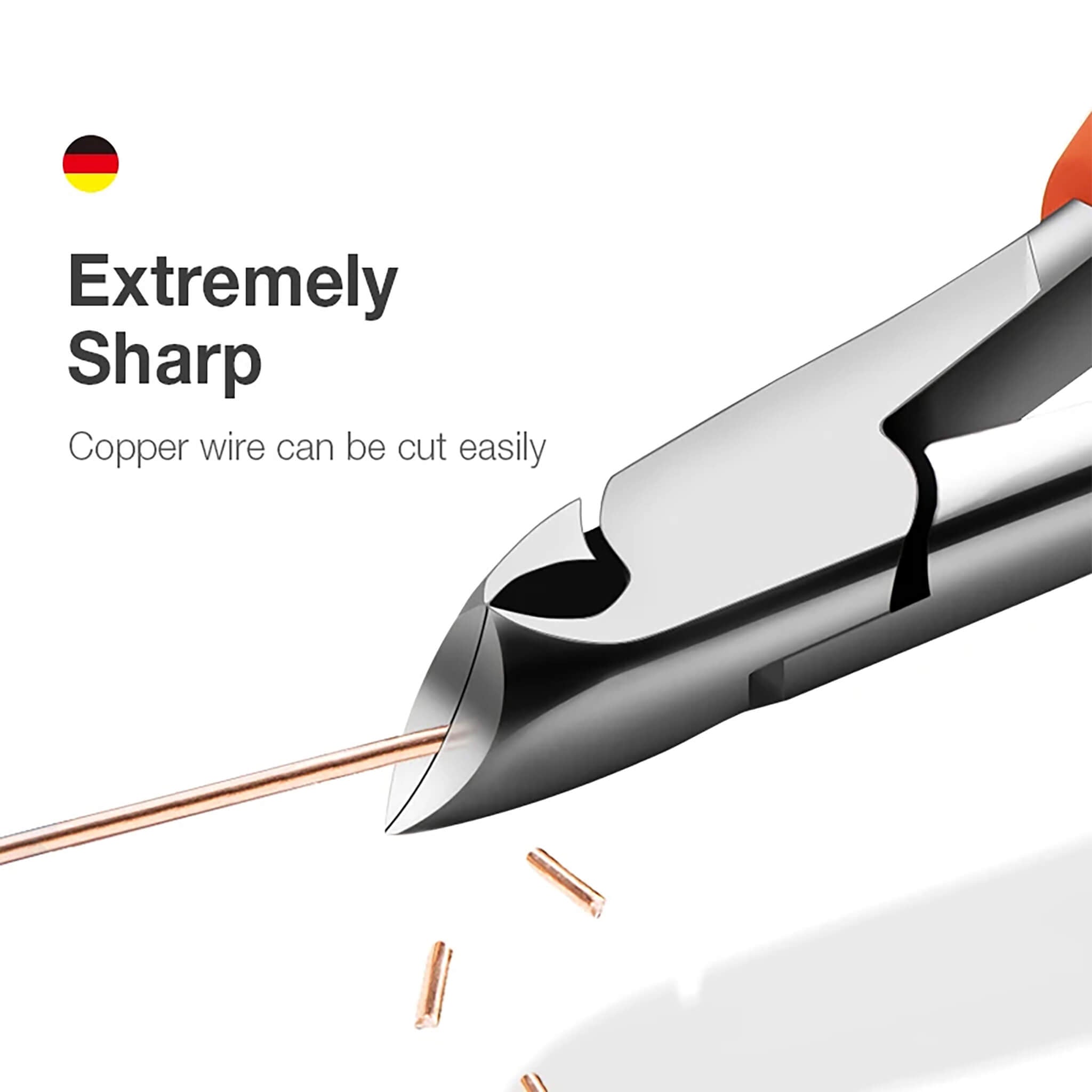 Lâminas do cortador MR.GREEN cortando fio de cobre — aço inox extremamente afiado para unhas espessas e encravadas.