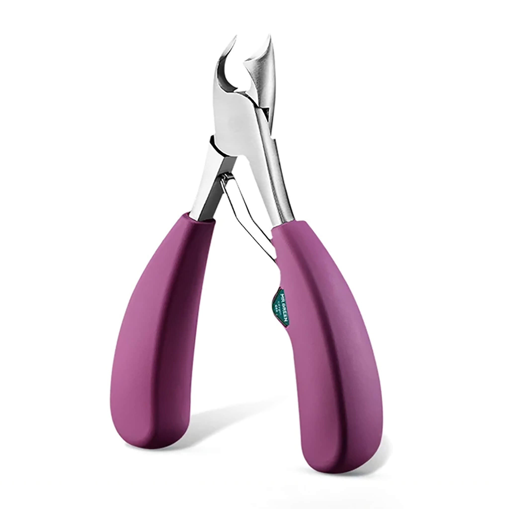 Pince MR.GREEN pour ongles incarnés, manches violets antidérapants et lames courbes en acier inox; visuel e-commerce fond blanc.