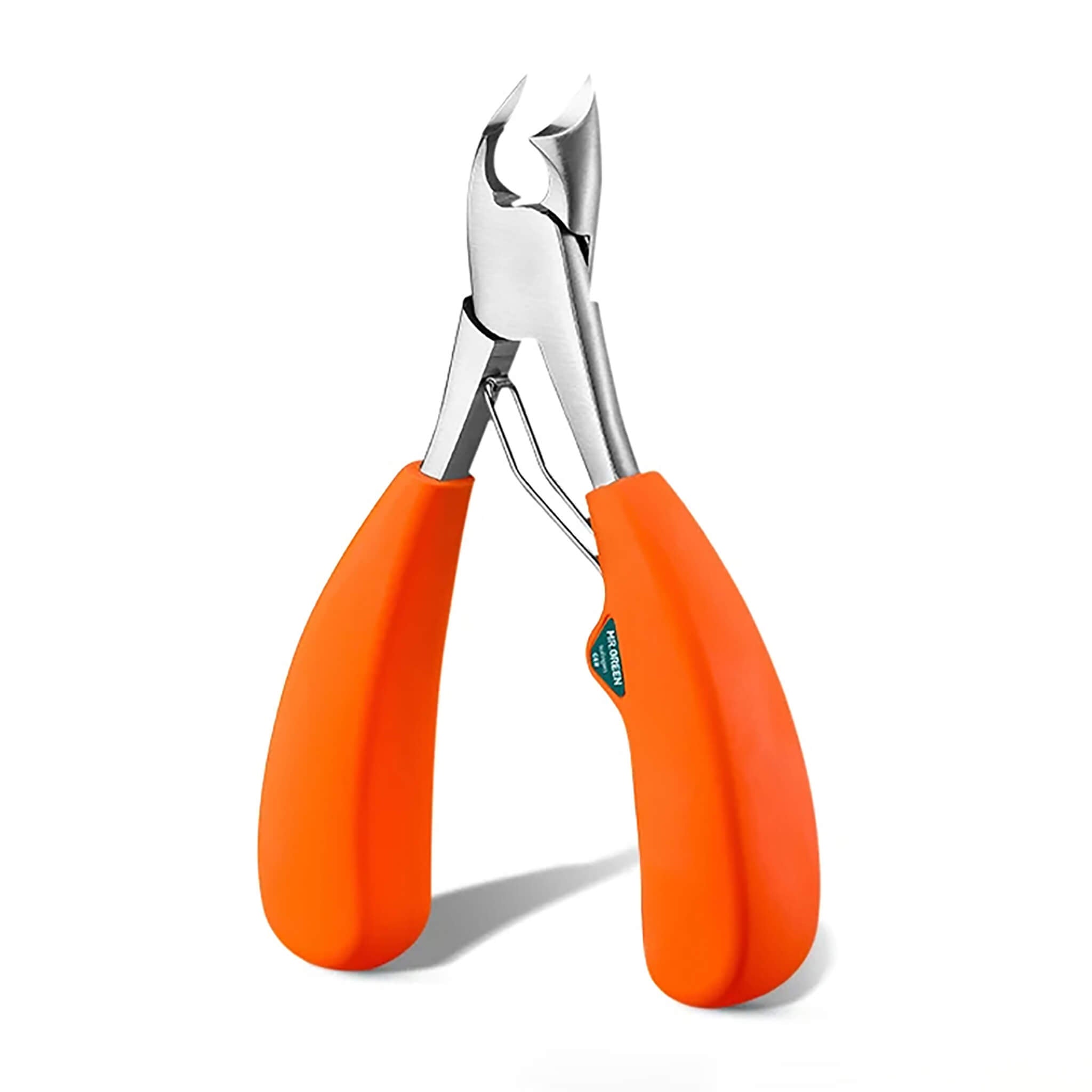 Pince MR.GREEN pour ongles incarnés avec manches orange antidérapants et lames courbes en inox, isolée sur fond blanc.
