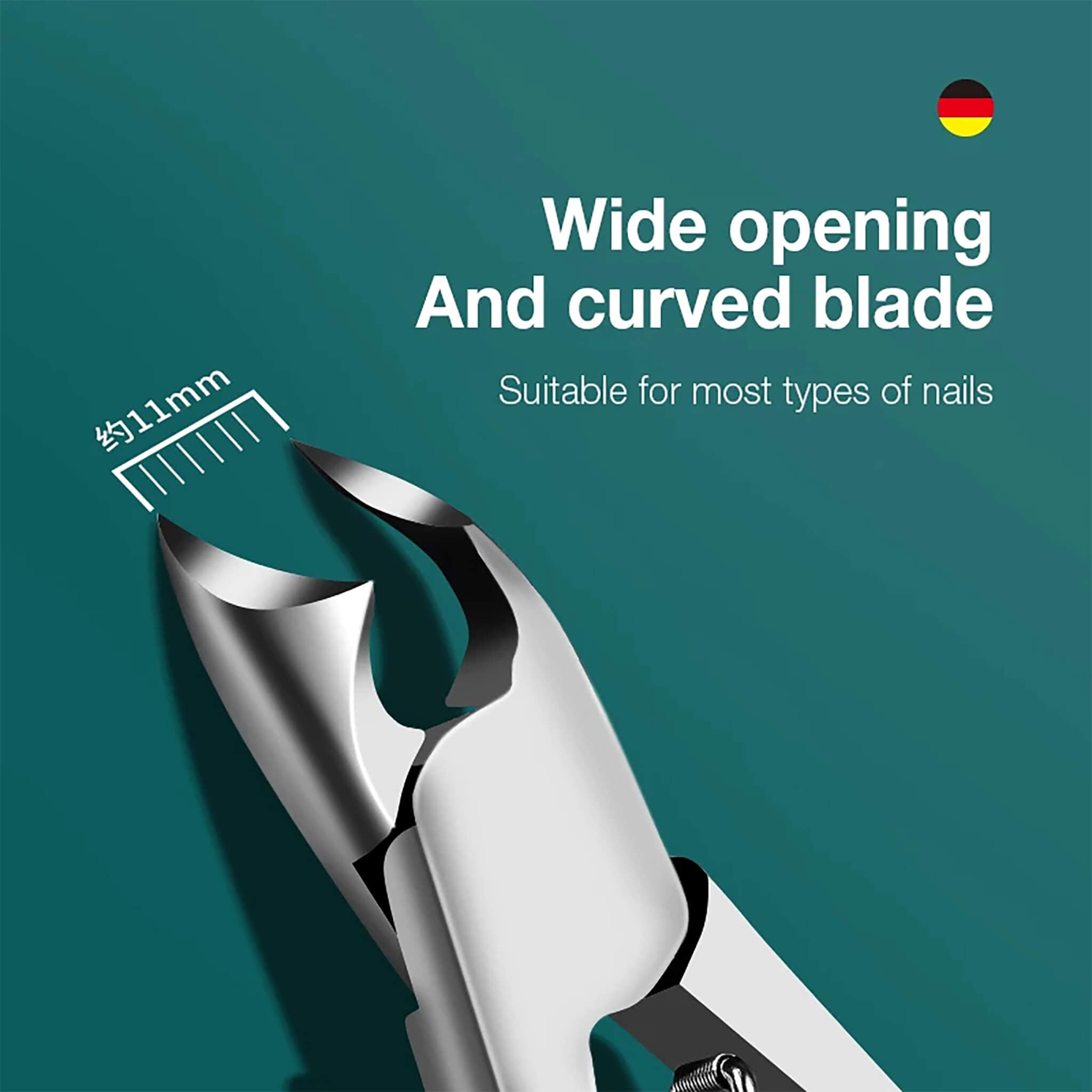 Tronchesino MR.GREEN con apertura ampia ≈11 mm e lame curve in acciaio, adatto alla maggior parte dei tipi di unghie.