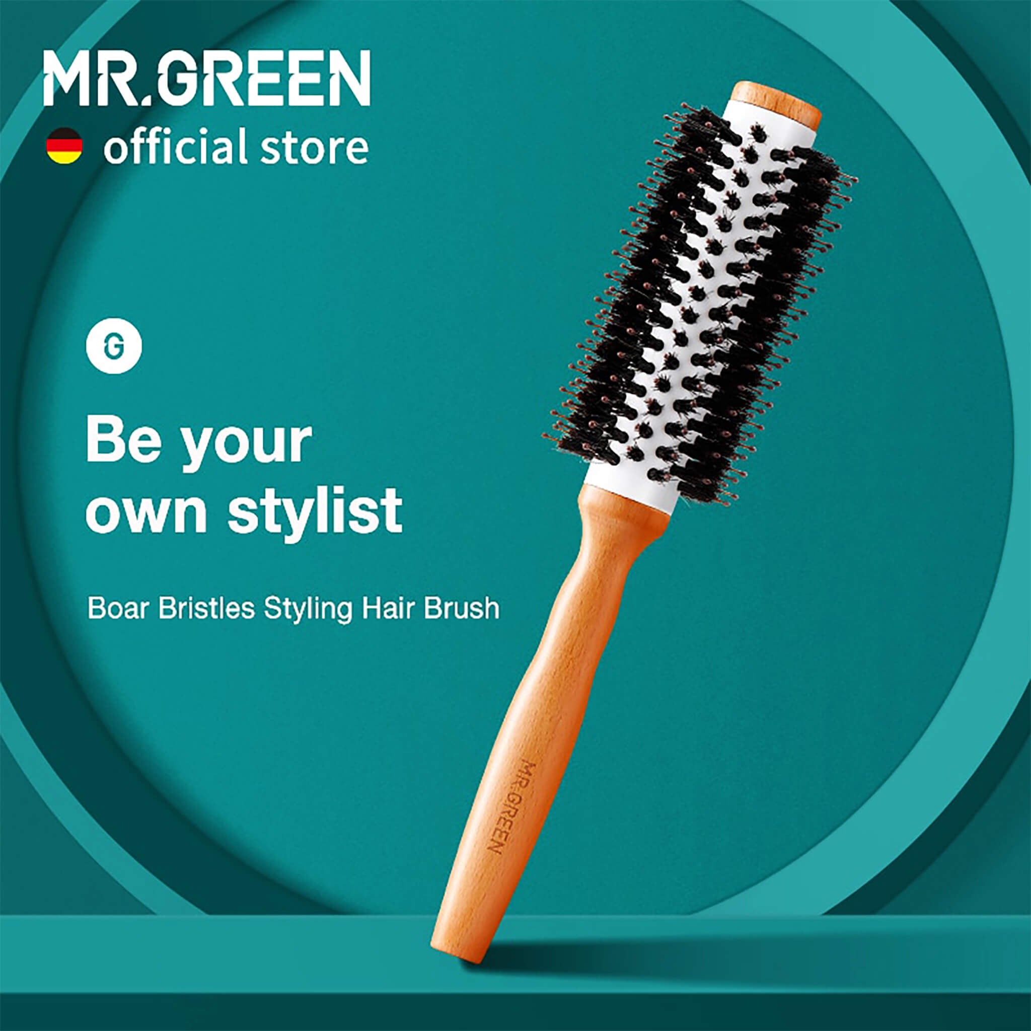 Close-up anti-static MR.GREEN round hair brush—boar bristles tame flyaways, boost shine and lasting volume for daily styling