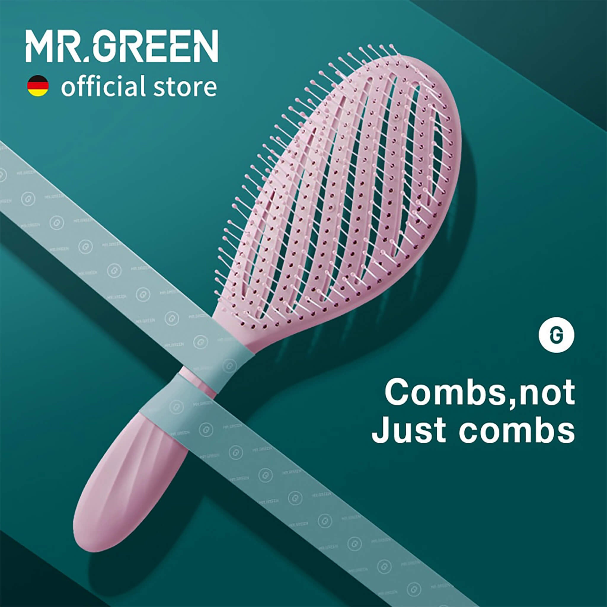MR.GREEN vented hair brush with hollow body for faster blow-drying and frizz control; lightweight ergonomic handle.