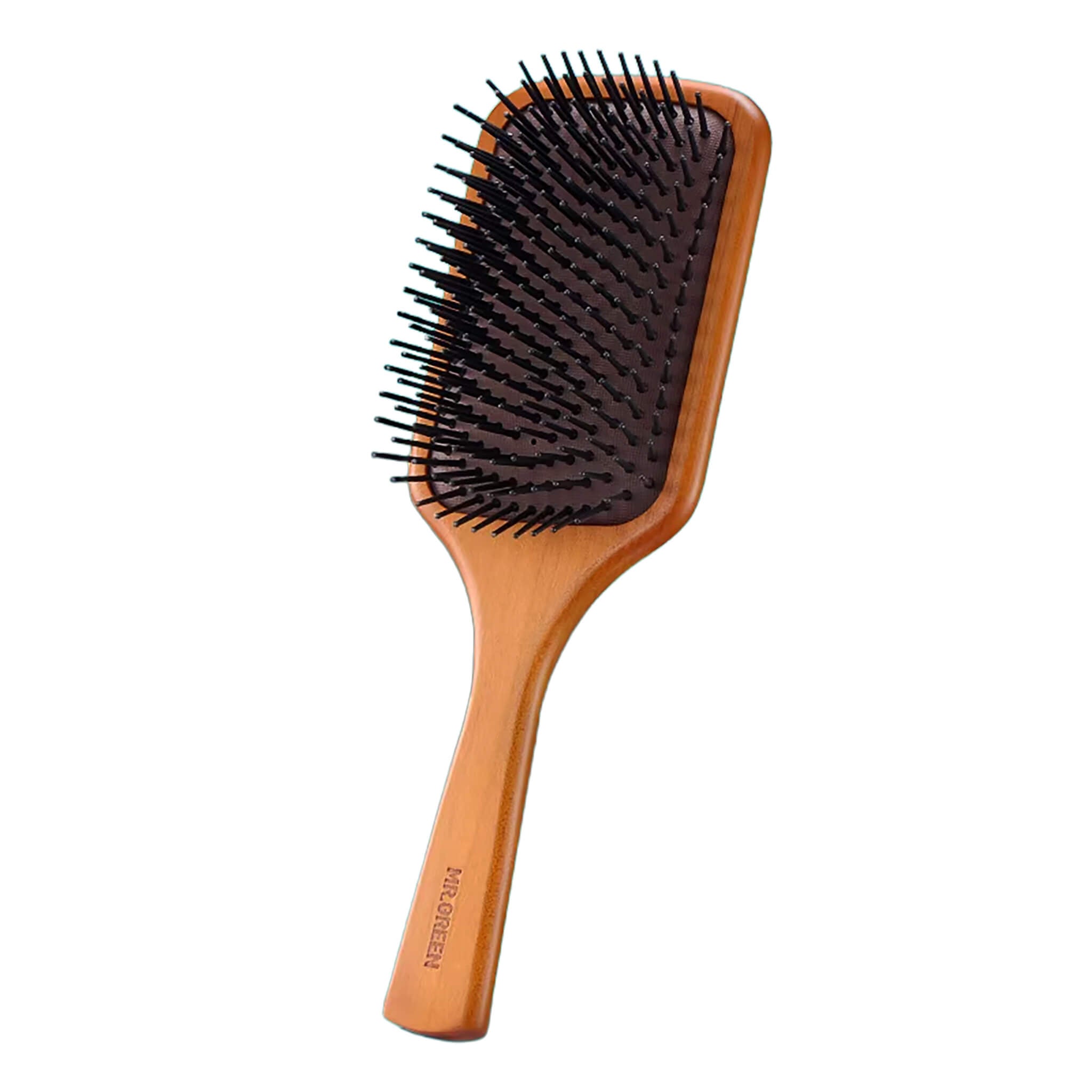 MR.GREEN maple wood paddle hair brush with air-cushion and round-tipped pins for gentle detangling and scalp massage.