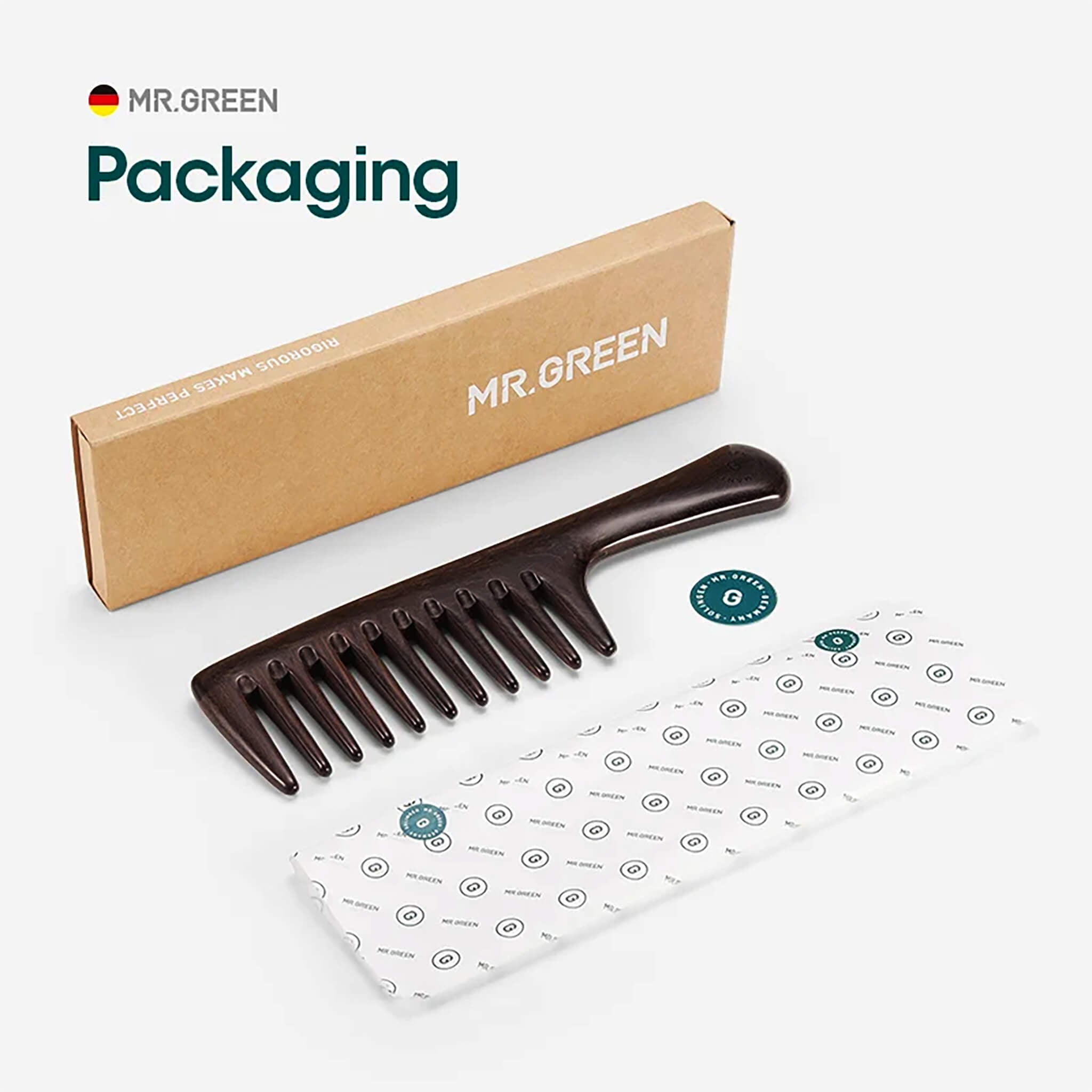 MR.GREEN premium packaging with natural wood comb, eco-friendly box and wrapper highlight authentic sustainable personal care product.