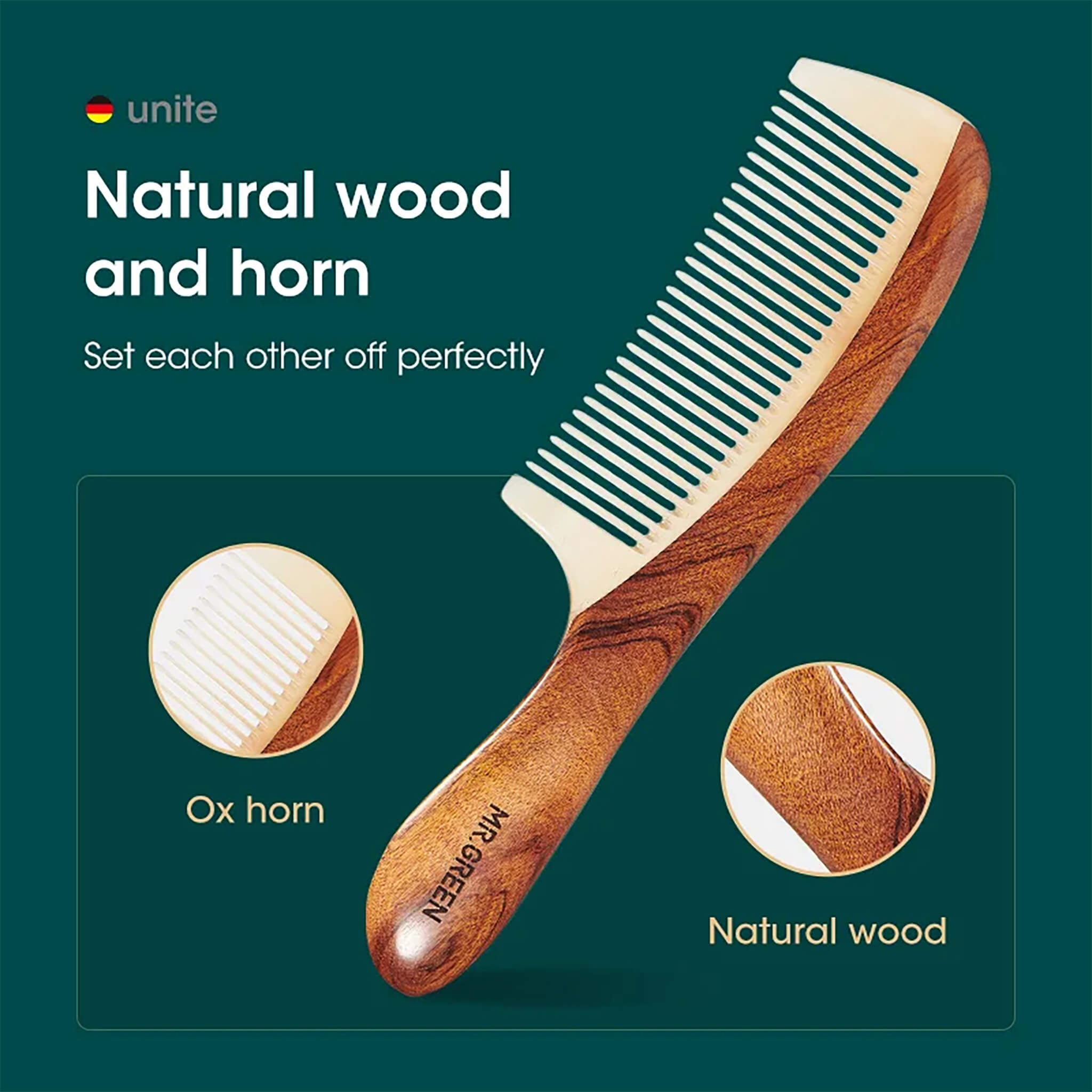 Eco-friendly MR.GREEN Cuibourtia wood cattle horn comb with packaging, perfect gift choice for sustainable hair care lovers.