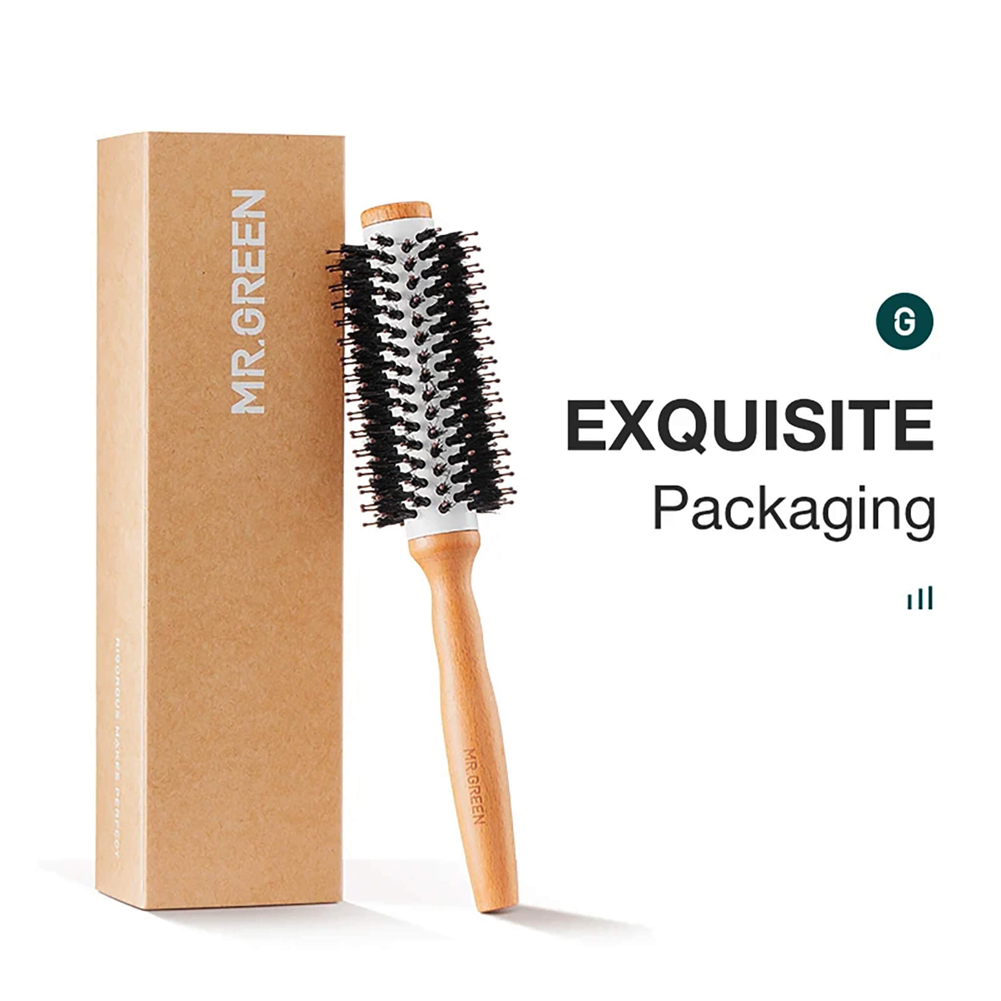 Retail packaging of MR.GREEN boar-bristle round brush in gift-ready box—professional quality tool for at-home blowouts
