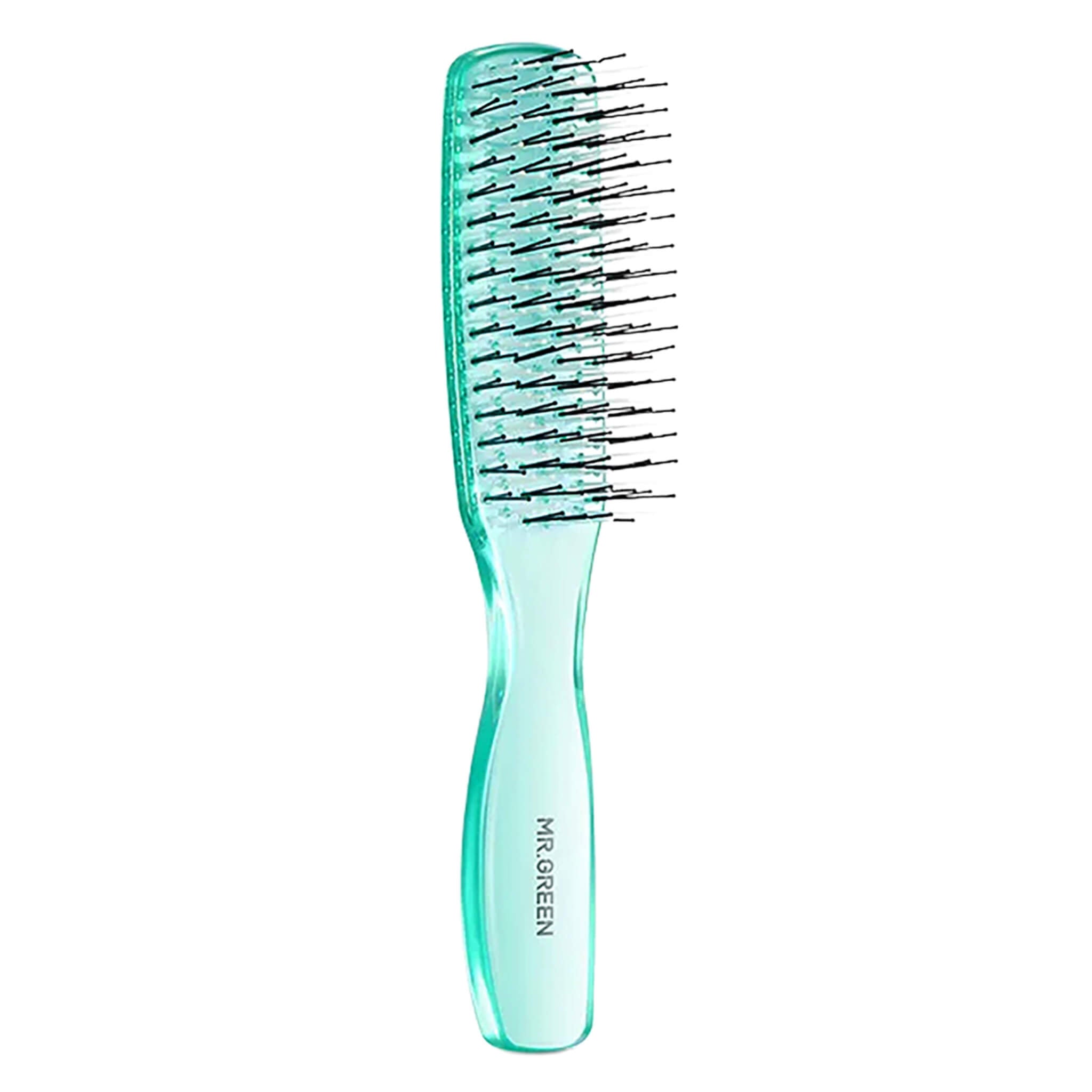 MR.GREEN MR-7507 large aqua-green detangling brush, ergonomic handle and rounded pins for wet or dry hair.