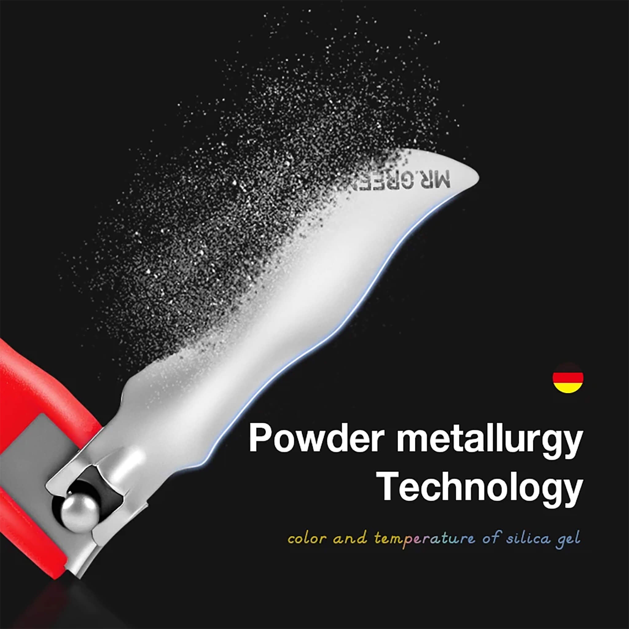 Alicate de unhas MR.GREEN colorido com tecnologia de metalurgia do pó, cabo de silicone vermelho e corte afiado.