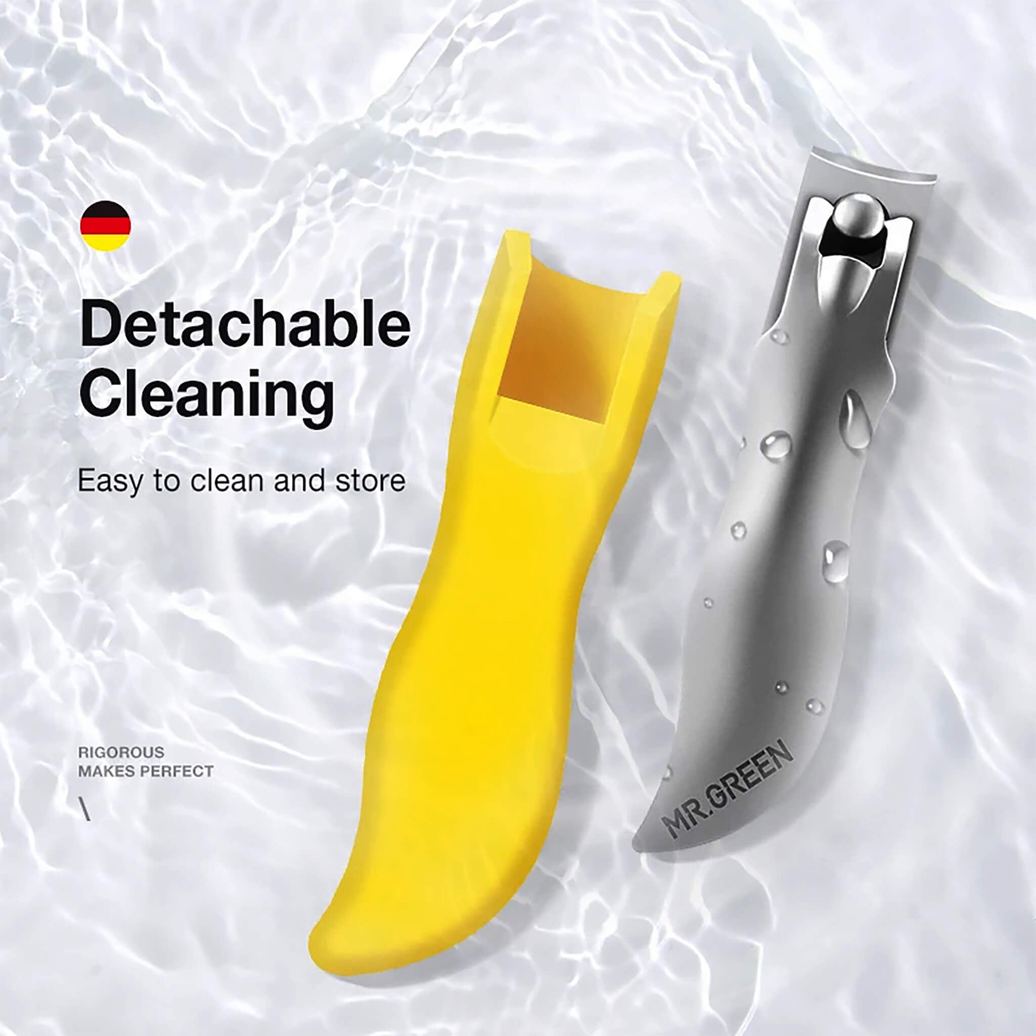 Coupe-ongles MR.GREEN démontable : manchon silicone jaune et corps inox, facile à rincer et à ranger.