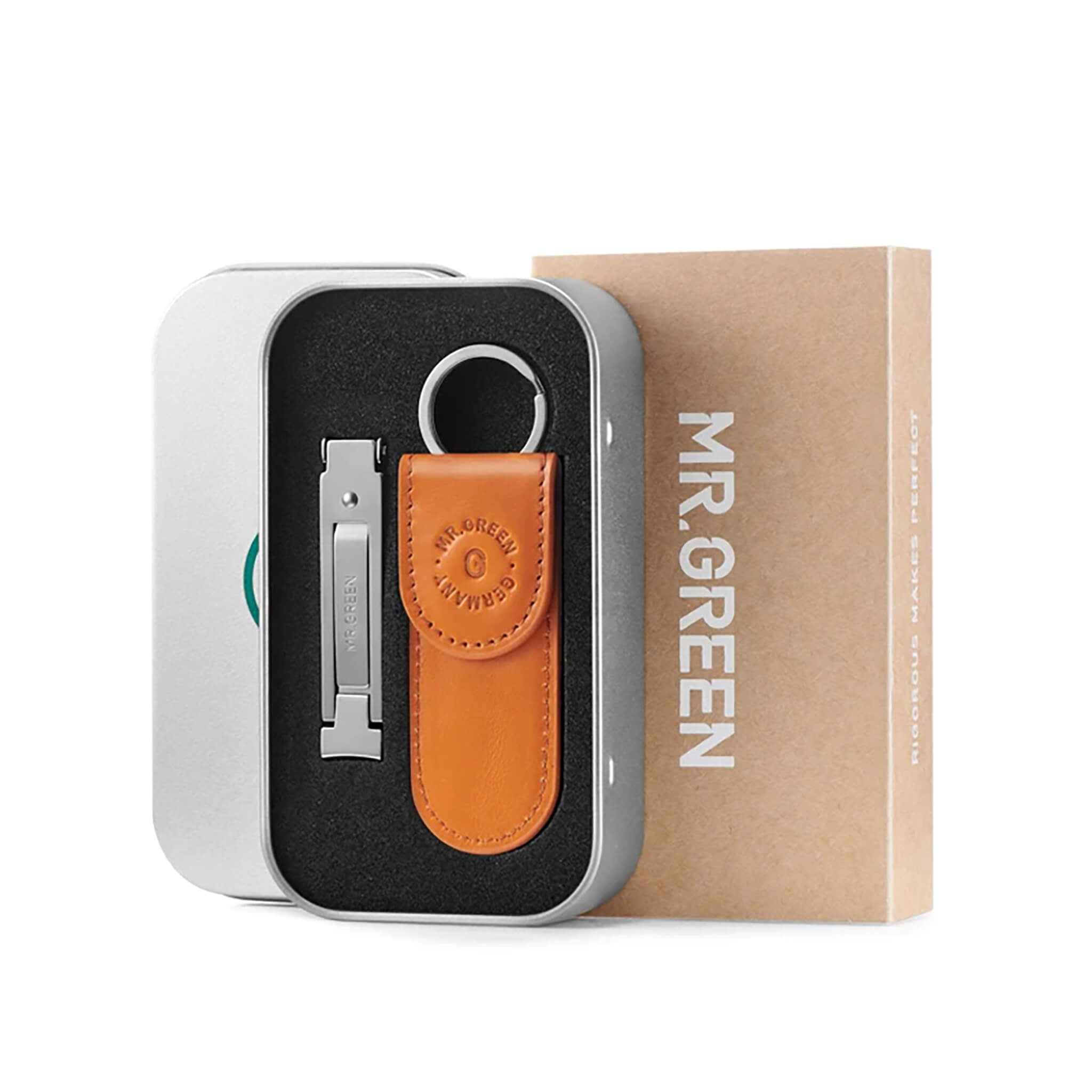MR.GREEN Mr-3001OR coffret – coupe-ongles pliant avec porte-clés et étui cuir orange, format voyage