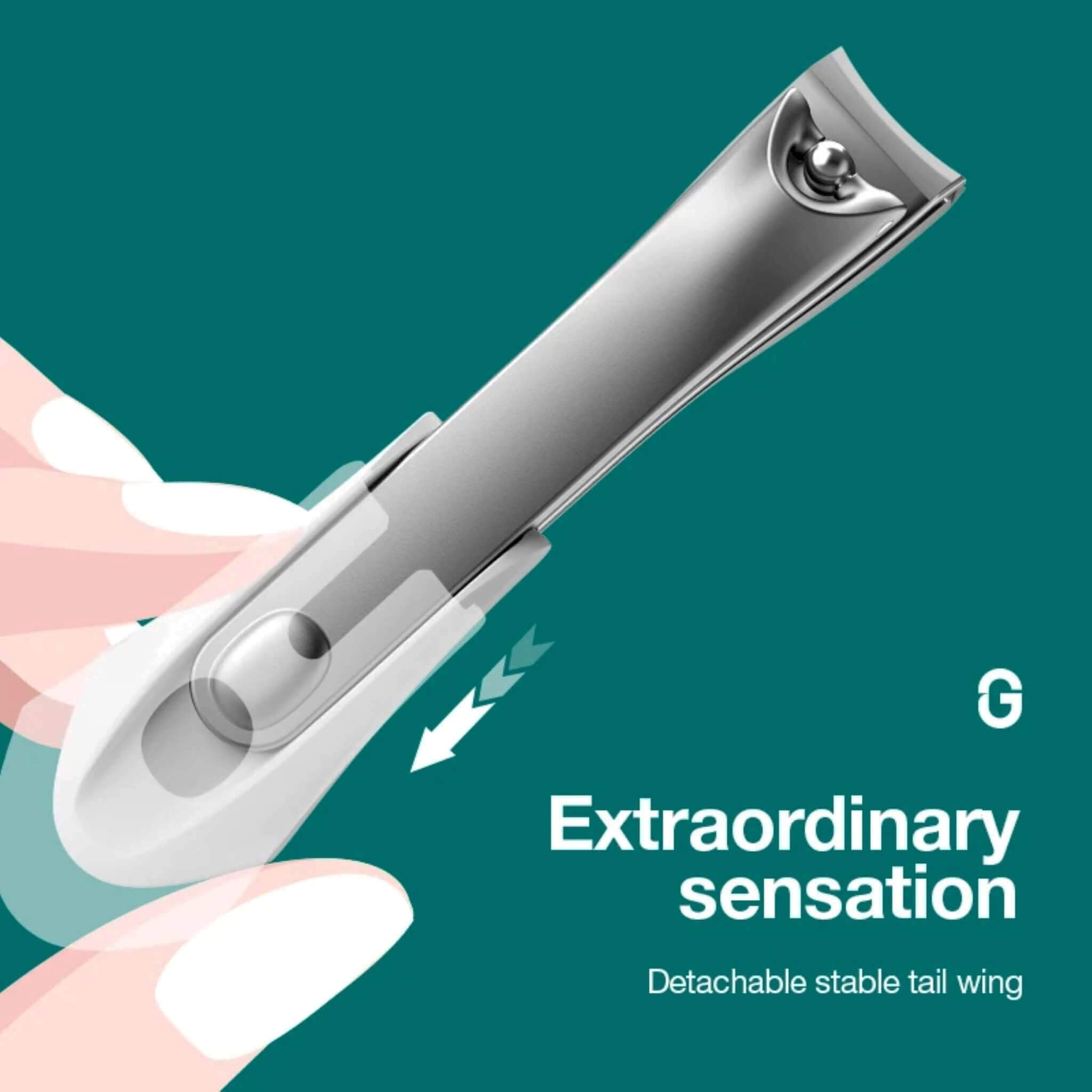 MR.GREEN slim nail clipper showing detachable tail wing for steadier control and safe, ergonomic fingernail trimming