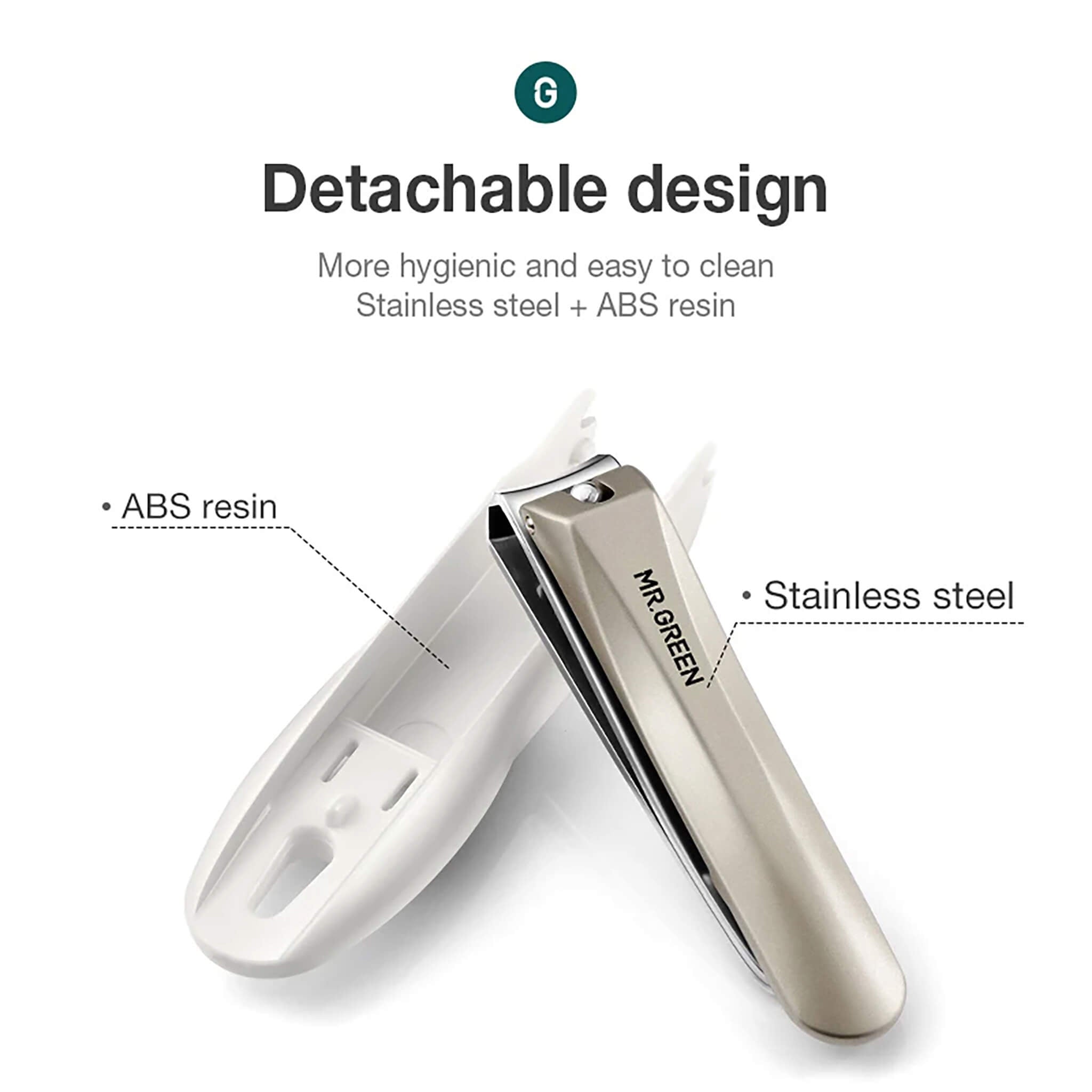 Tagliaunghie MR.GREEN smontabile in acciaio inox e resina ABS più igienico facile da pulire impugnatura ergonomica