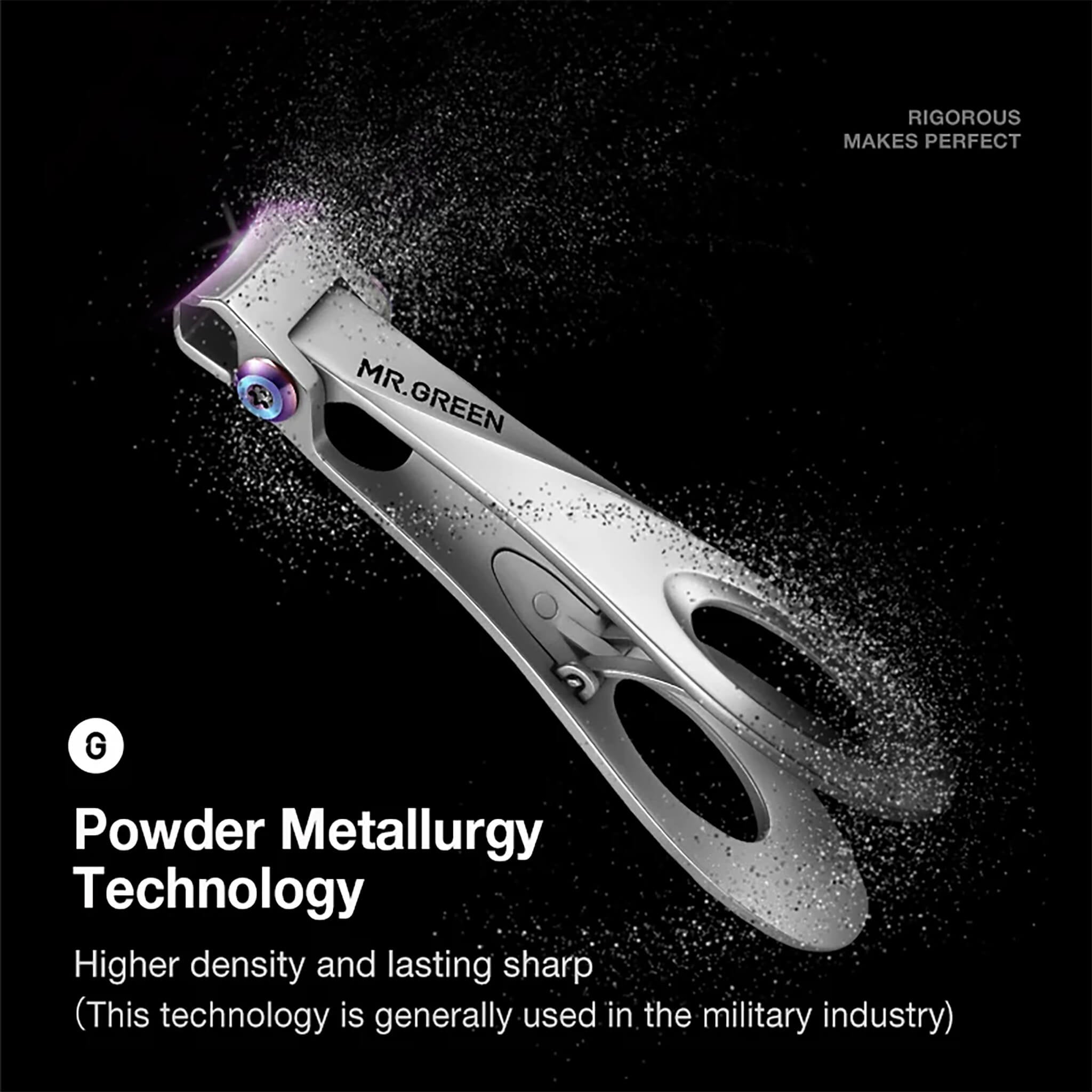 Corta-unhas MR.GREEN com tecnologia de metalurgia do pó, maior densidade e fio duradouro para unhas espessas.