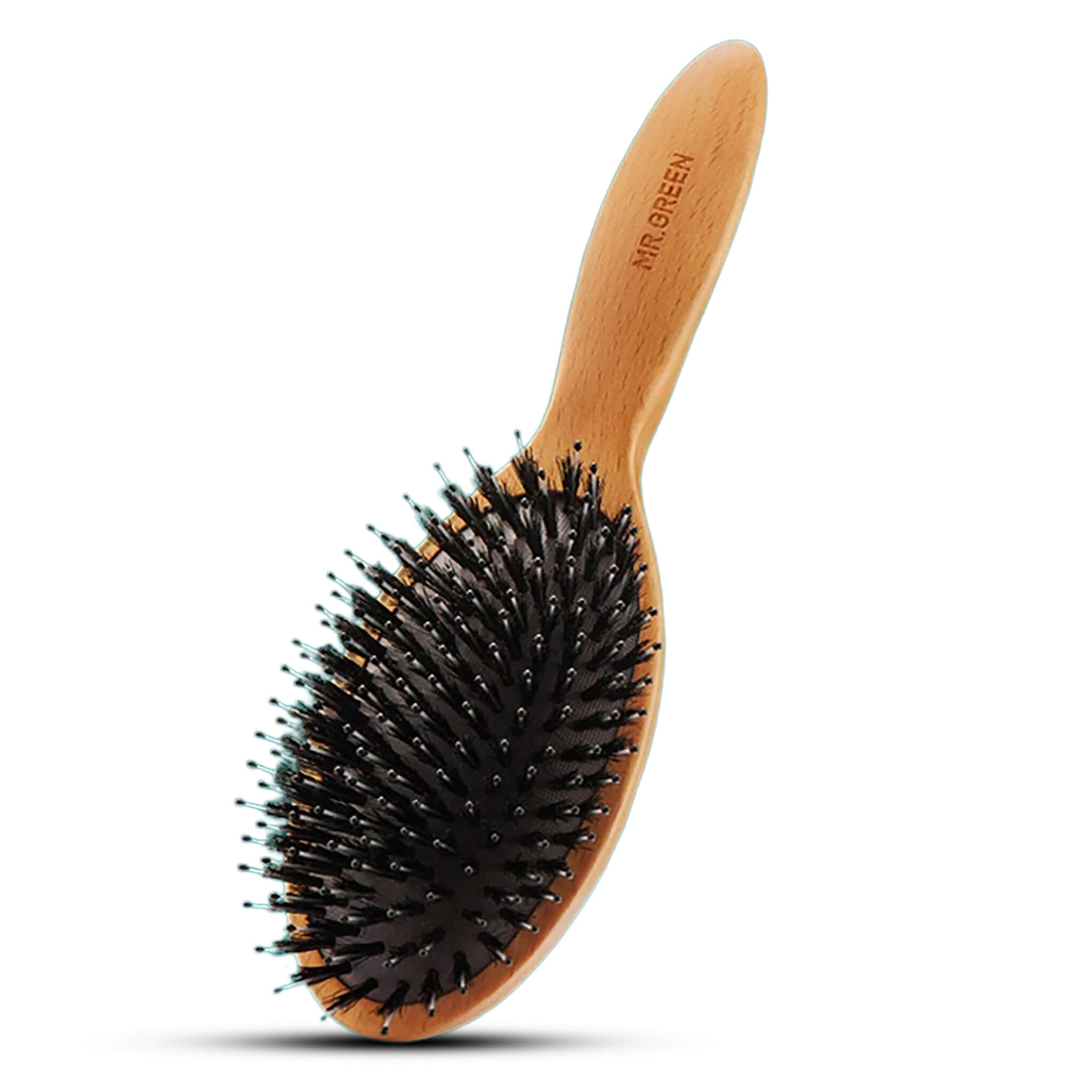 MR.GREEN boar bristle hair brush with beech-wood handle on teal, anti-static detangler for wet or dry hair and boosts shine.