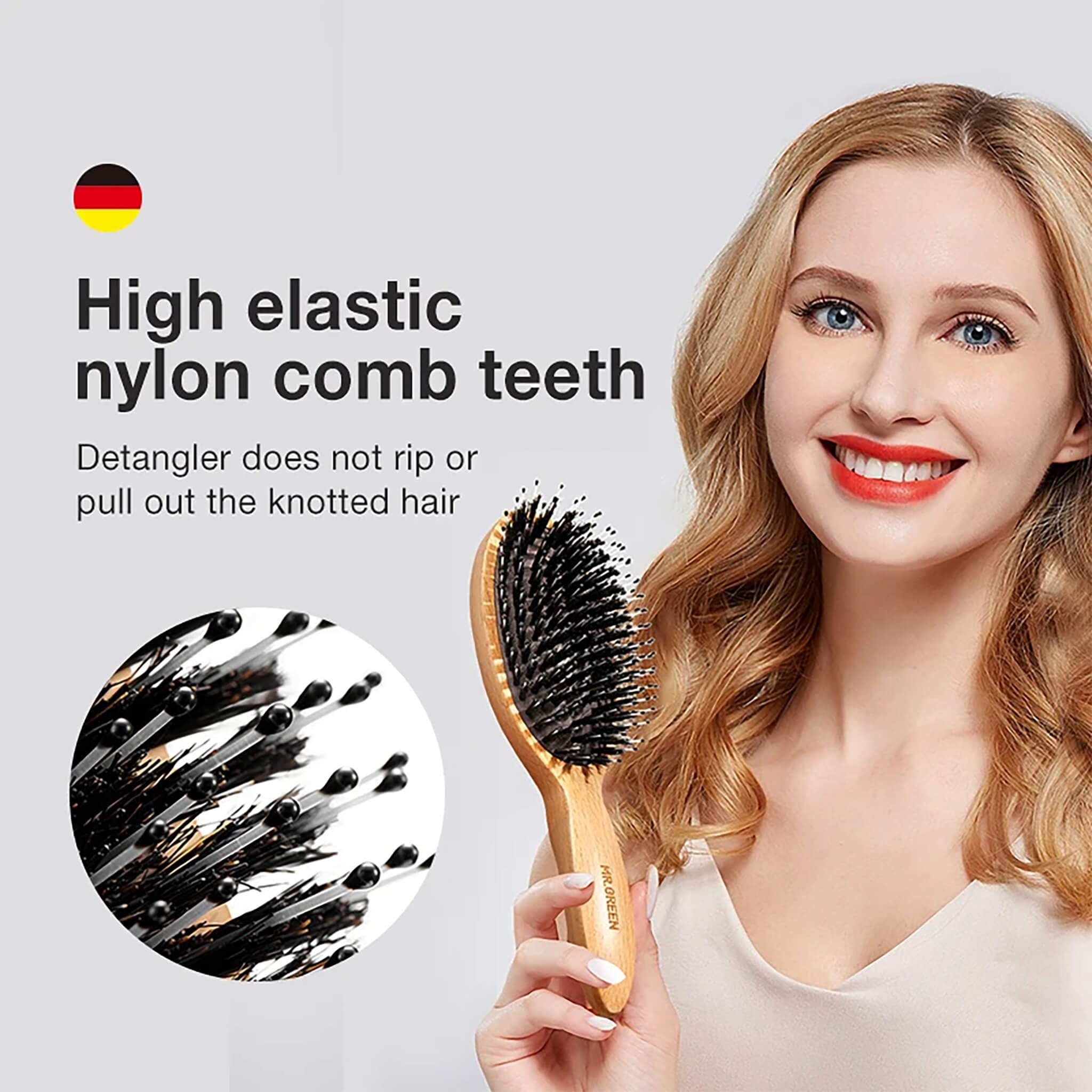 MR.GREEN boar bristle detangling hair brush with beech wood handle and high-elastic nylon pins, anti-static shine boosting.