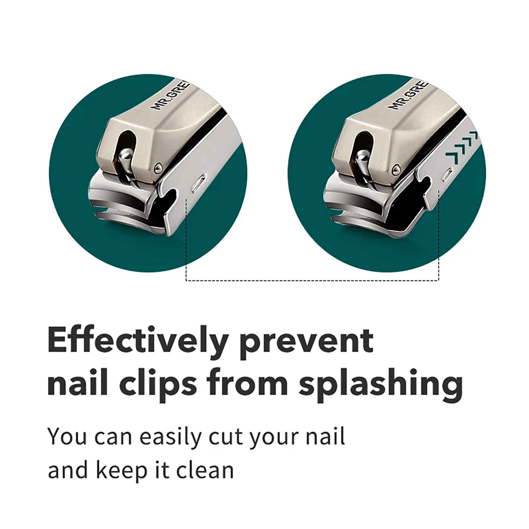 MR.GREEN anti-splash nail clipper detail demonstrating closed catcher channel that prevents clippings from splashing for a cleaner trim.