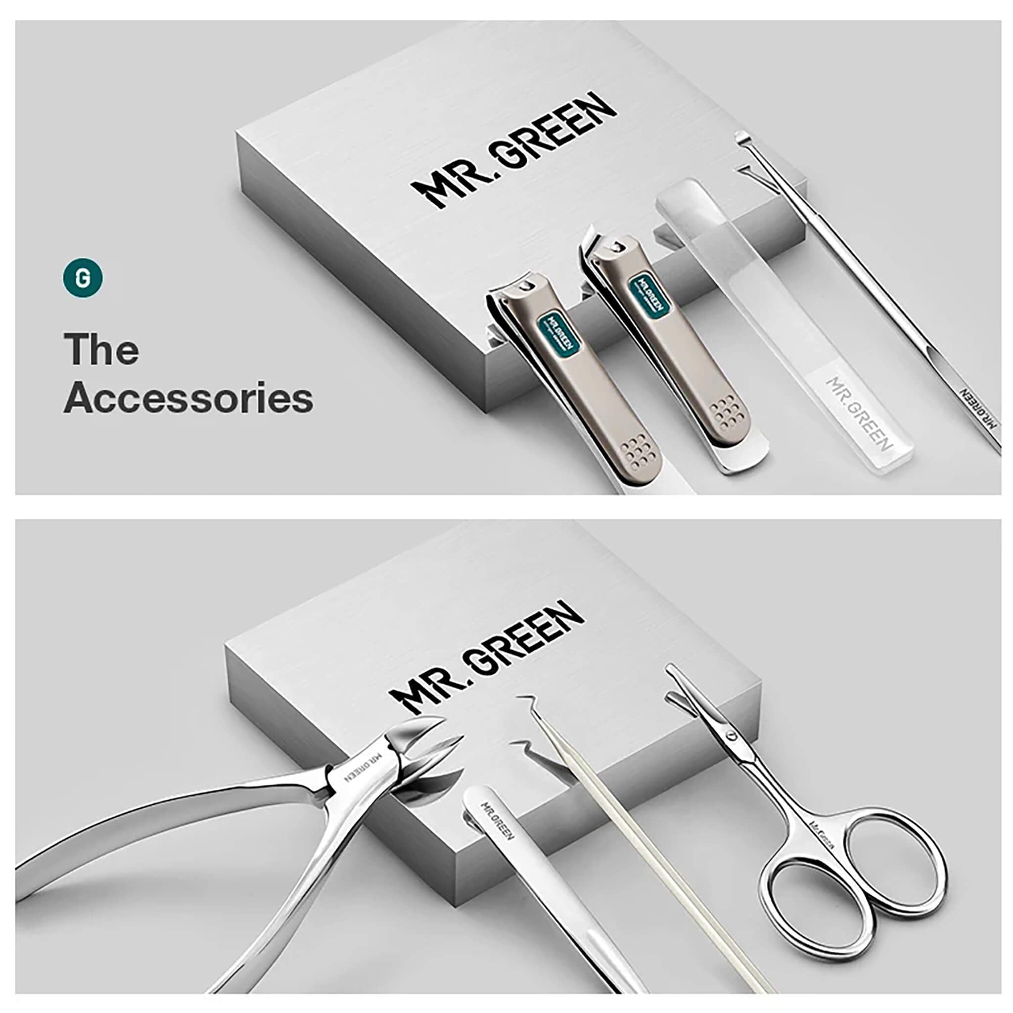 Acessórios do MR.GREEN 8 em 1: cortadores, alicate, tesoura, pinça, lima de vidro e cureta em aço inox sobre base.