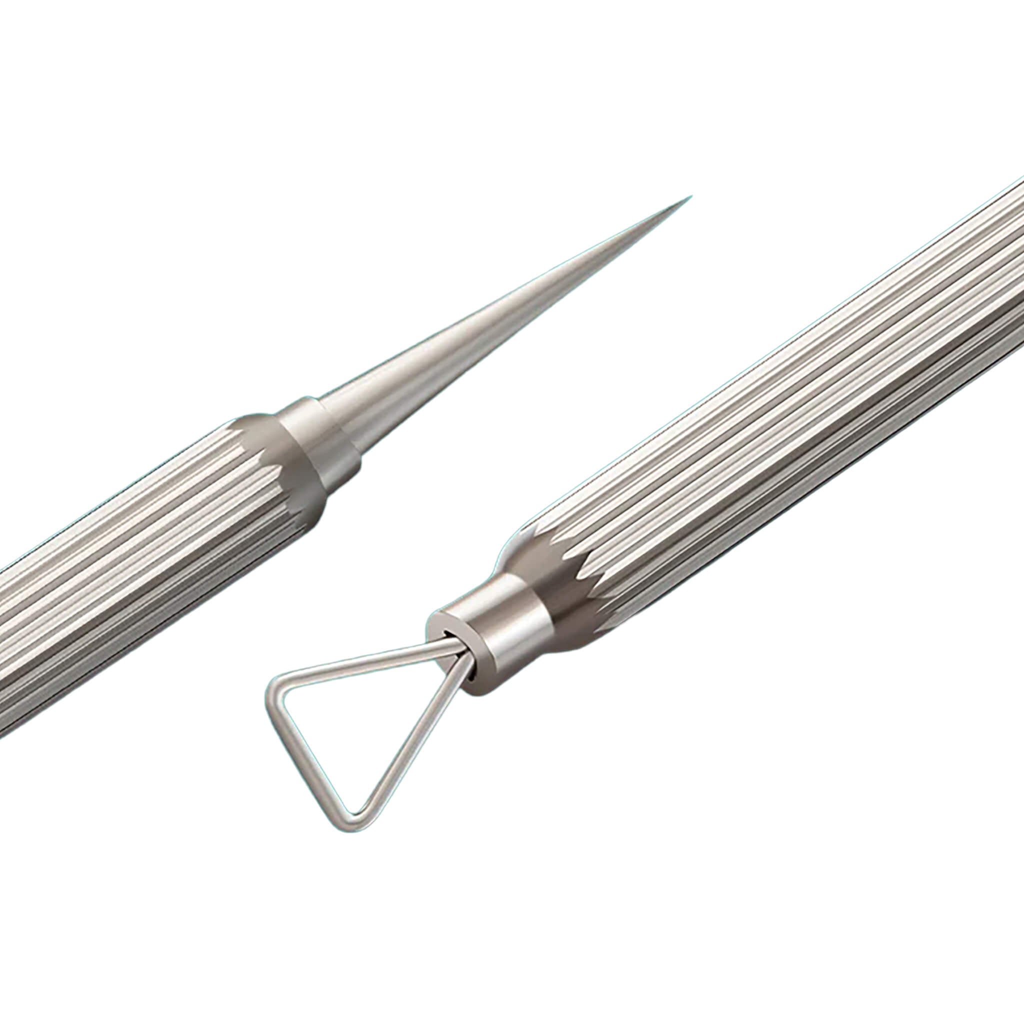 Close-up of MR.GREEN nickel-plated stainless steel acne needle showing triangular loop, sharp lancet tip and anti-slip textured handle.