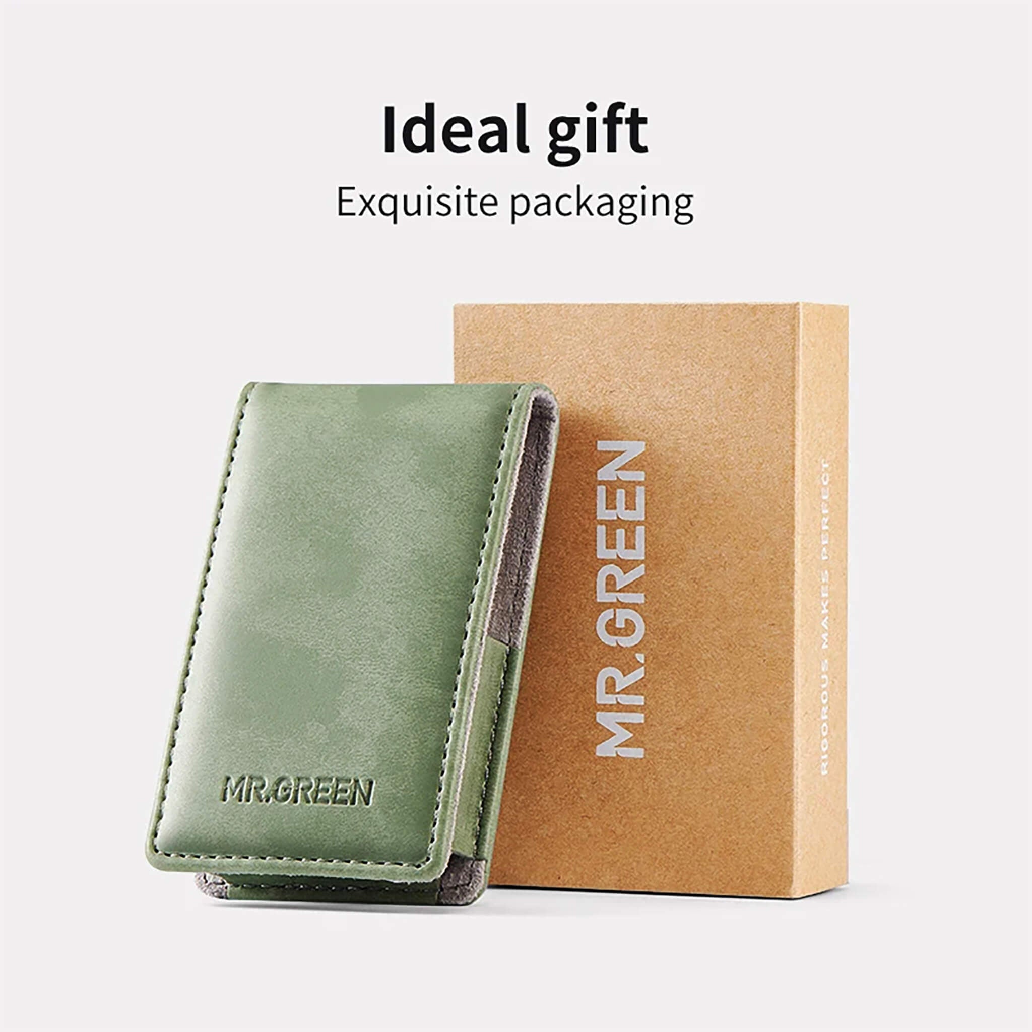Confezione regalo MR.GREEN con custodia in pelle verde per set manicure portatile; packaging elegante pronto da donare