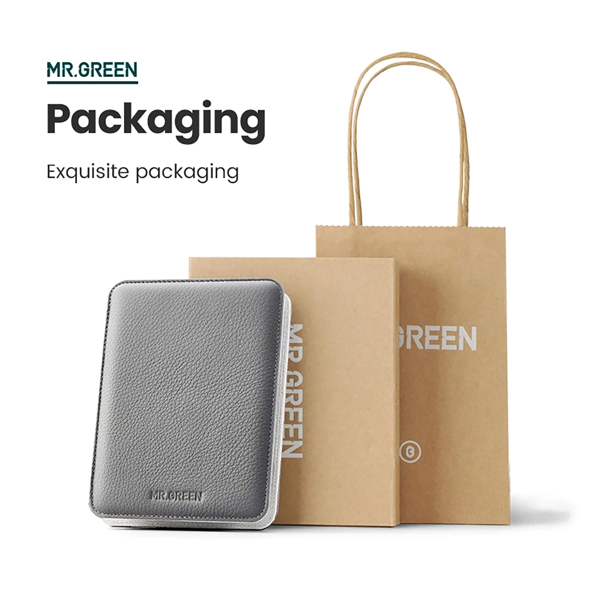 Confezione regalo MR.GREEN Morandi Grey con custodia in pelle grigia, scatola rigida e shopper kraft, elegante e pronta per regalo.