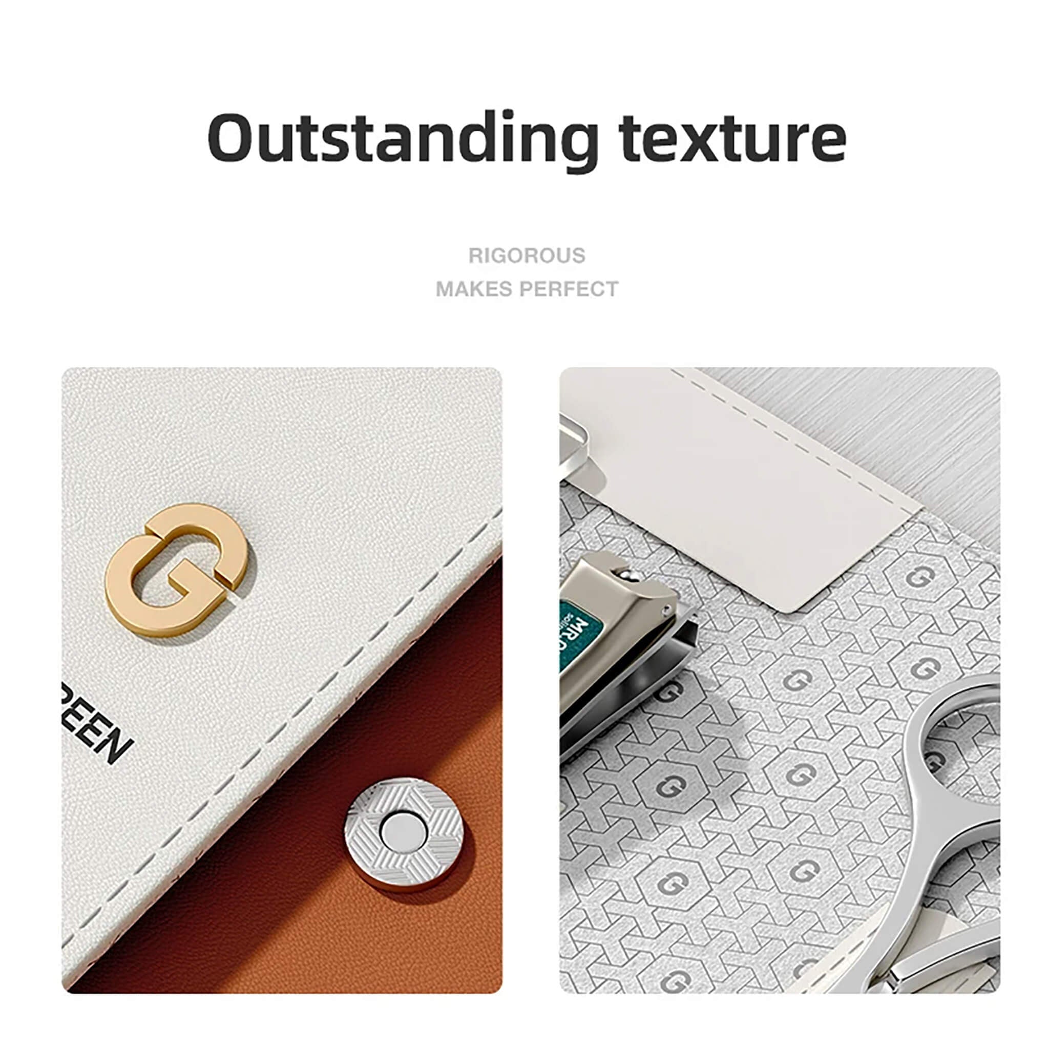 Detalhe do estojo MR.GREEN bicolor com logotipo G dourado, botão de pressão e forro estampado; acabamento premium com inox.