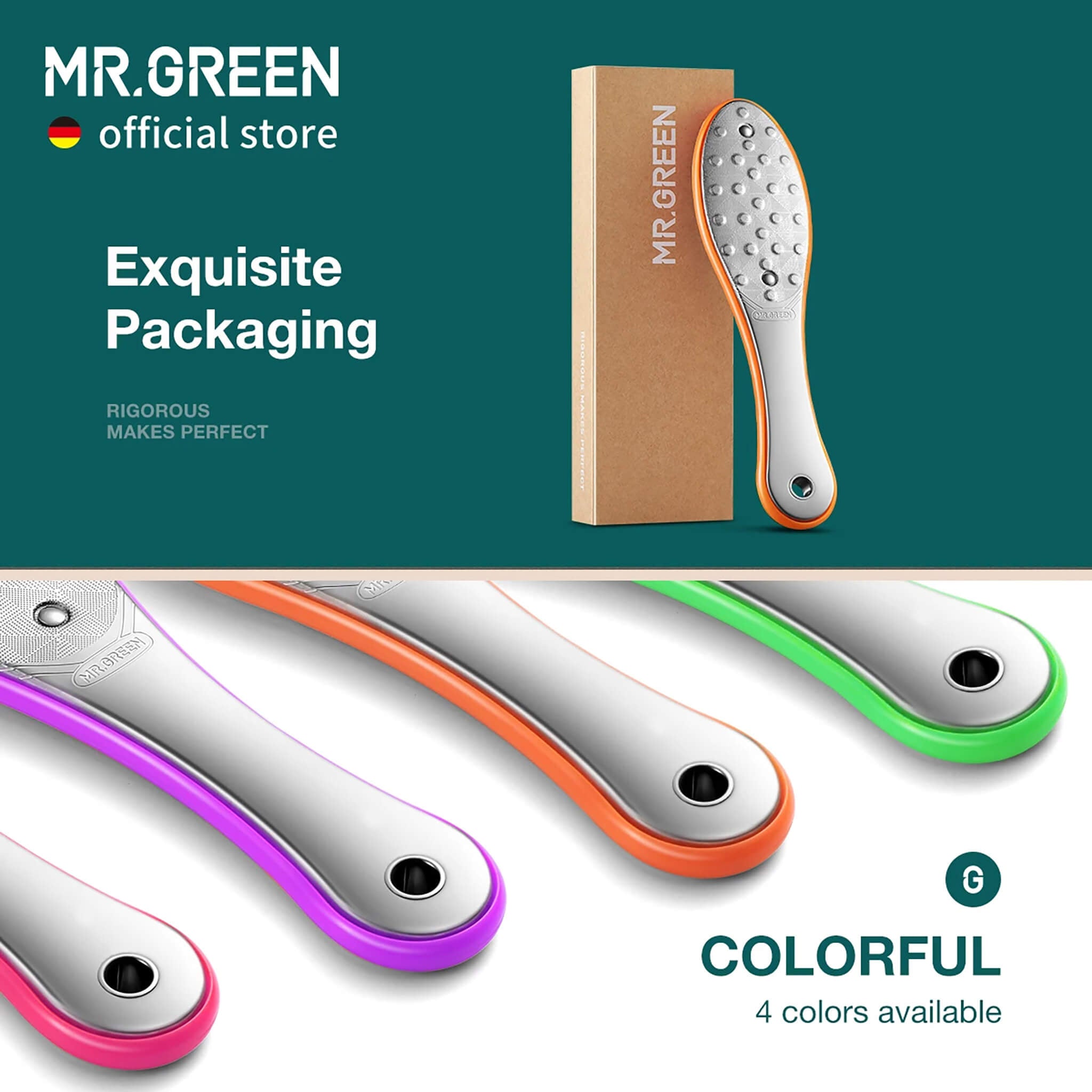 Lima piedi MR.GREEN doppia faccia con confezione premium; manici antiscivolo in 4 colori per pedicure sicura.
