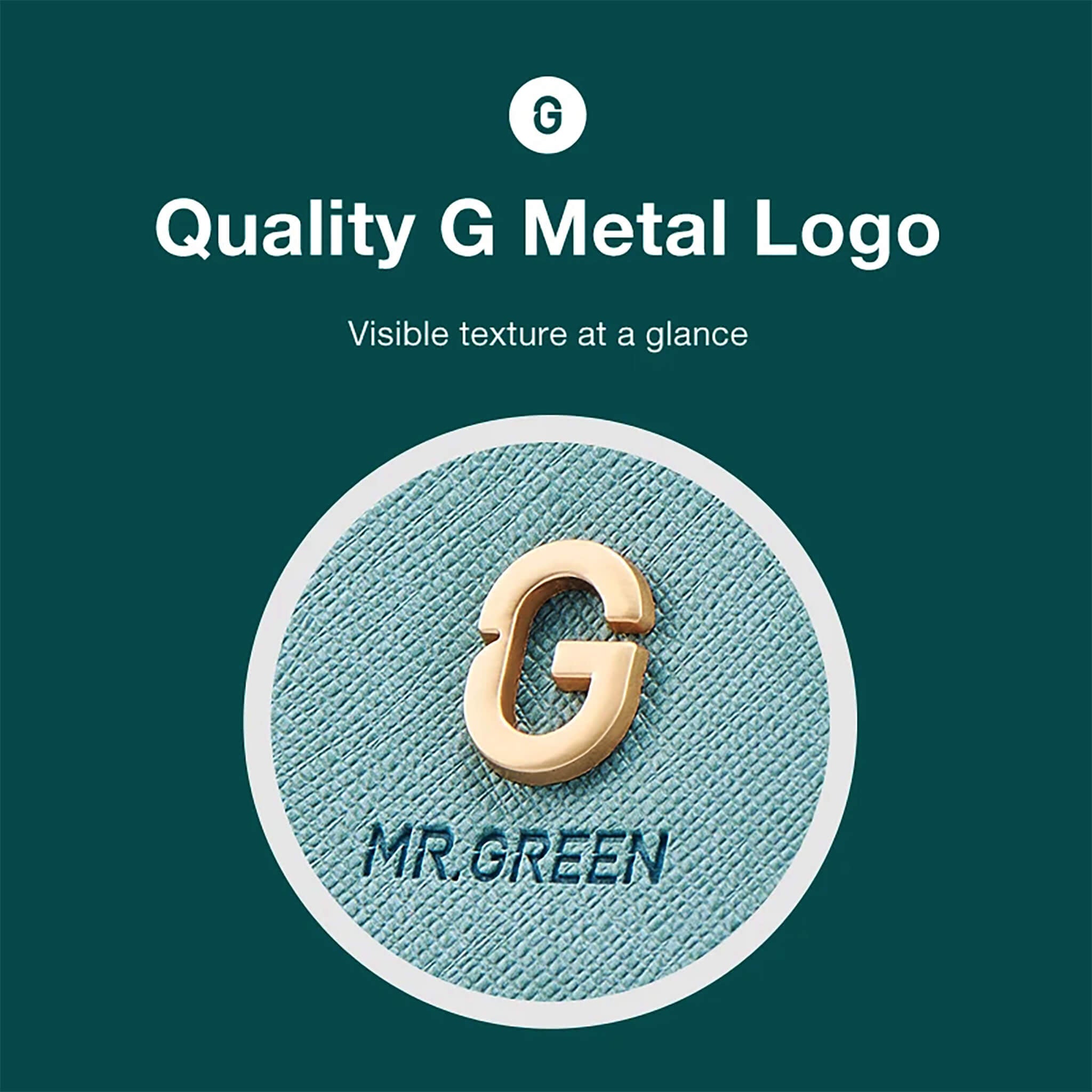Logotipo metálico G MR.GREEN em estojo turquesa texturizado - detalhe premium do conjunto de manicure Imprint