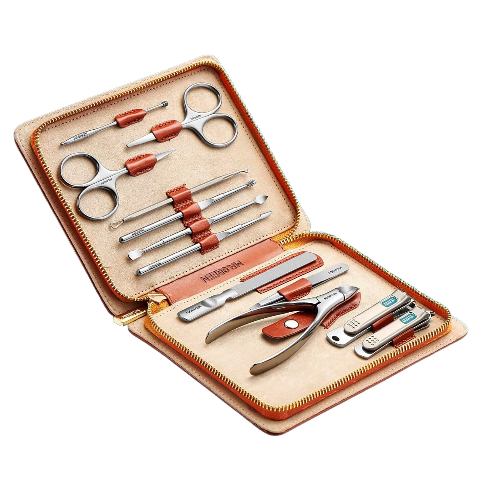 MR.GREEN 12-in-1 manicure & pedicure set — open tan leather case with stainless-steel clippers, nipper, scissors, file and tools.