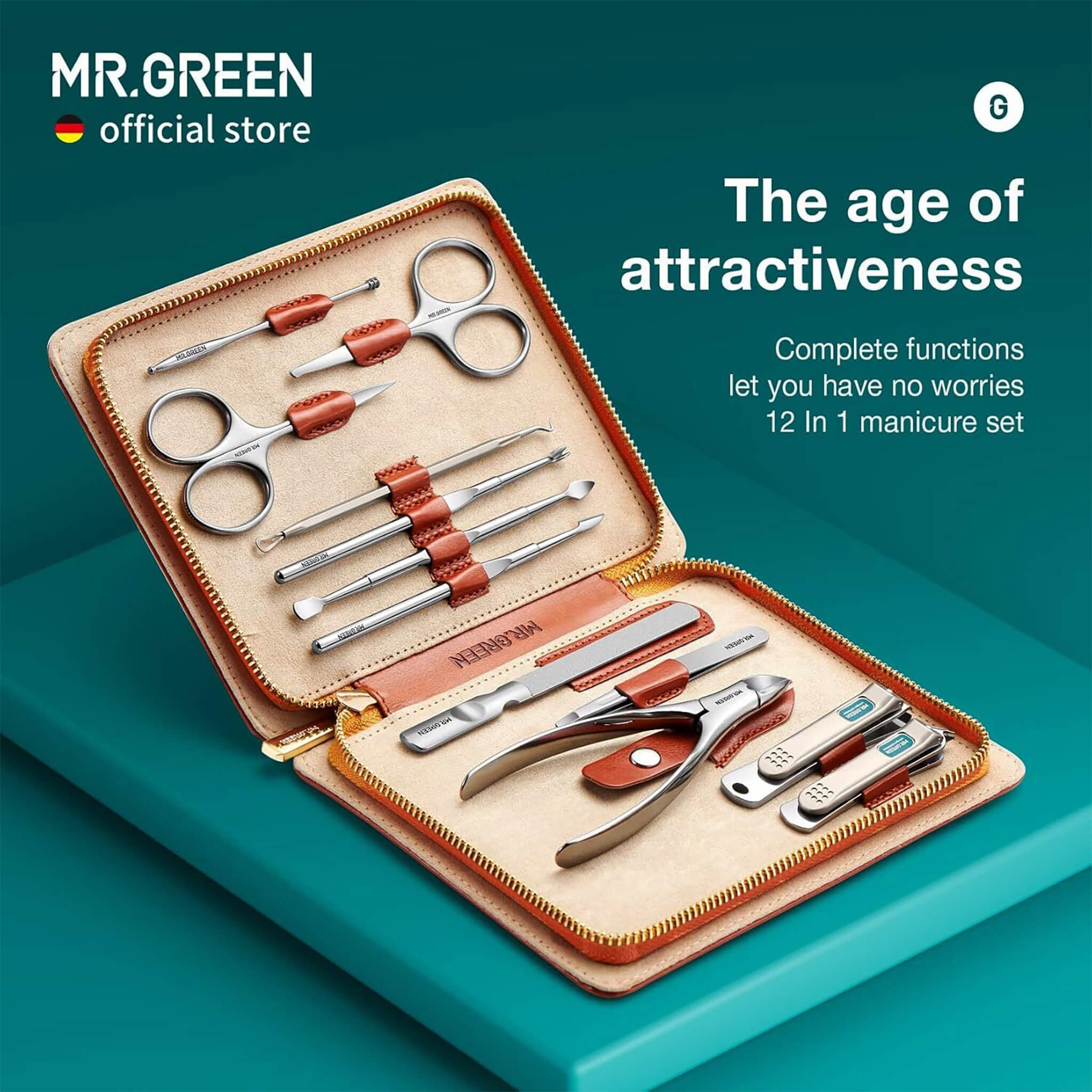 MR.GREEN 12-in-1 manicure pedicure set in tan leather zip case with premium stainless-steel tools — official hero image.