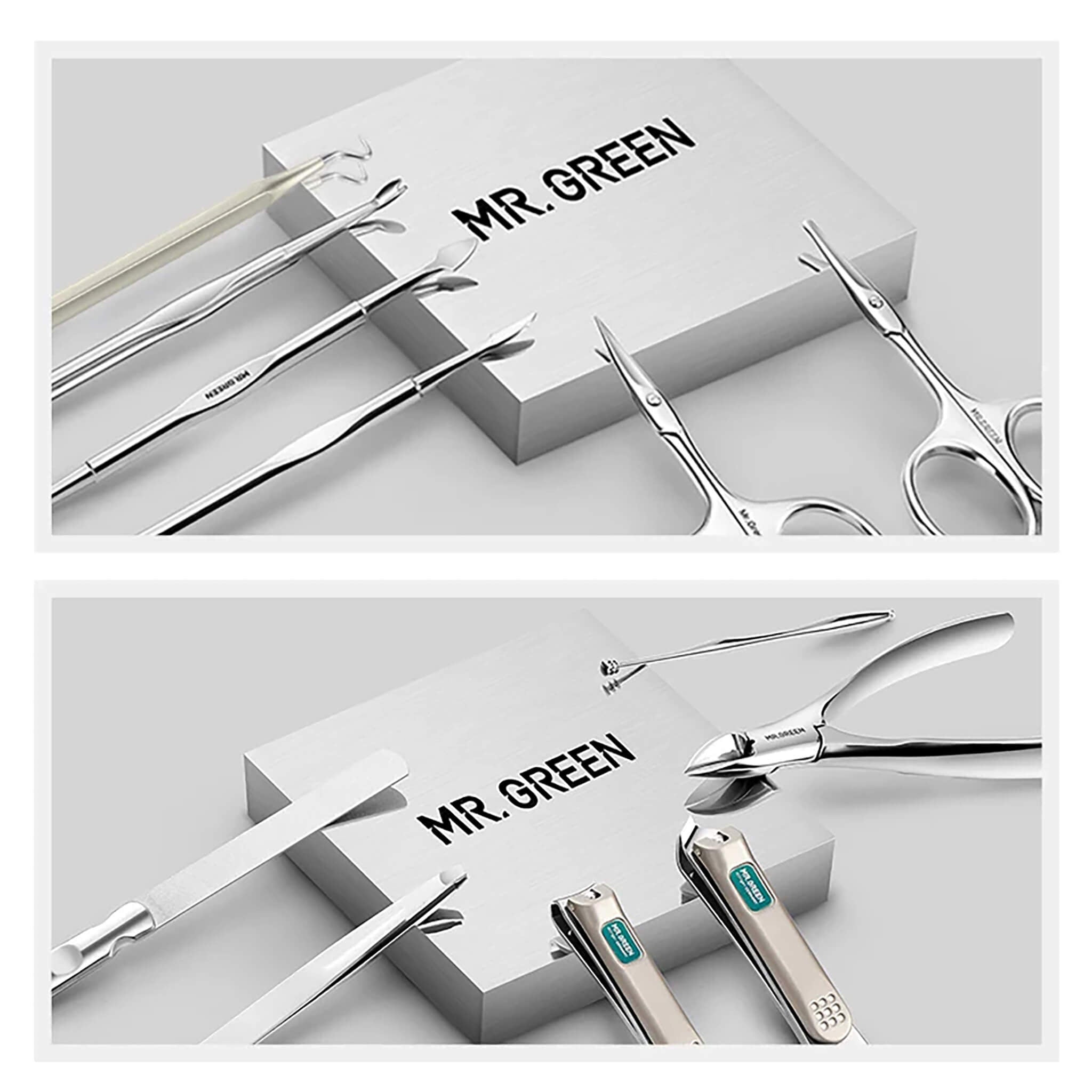MR.GREEN 12-in-1 Maniküre- & Pediküre-Set — Detailansicht polierter Edelstahl-Werkzeuge: Scheren, Feile, Zange und Knipser.