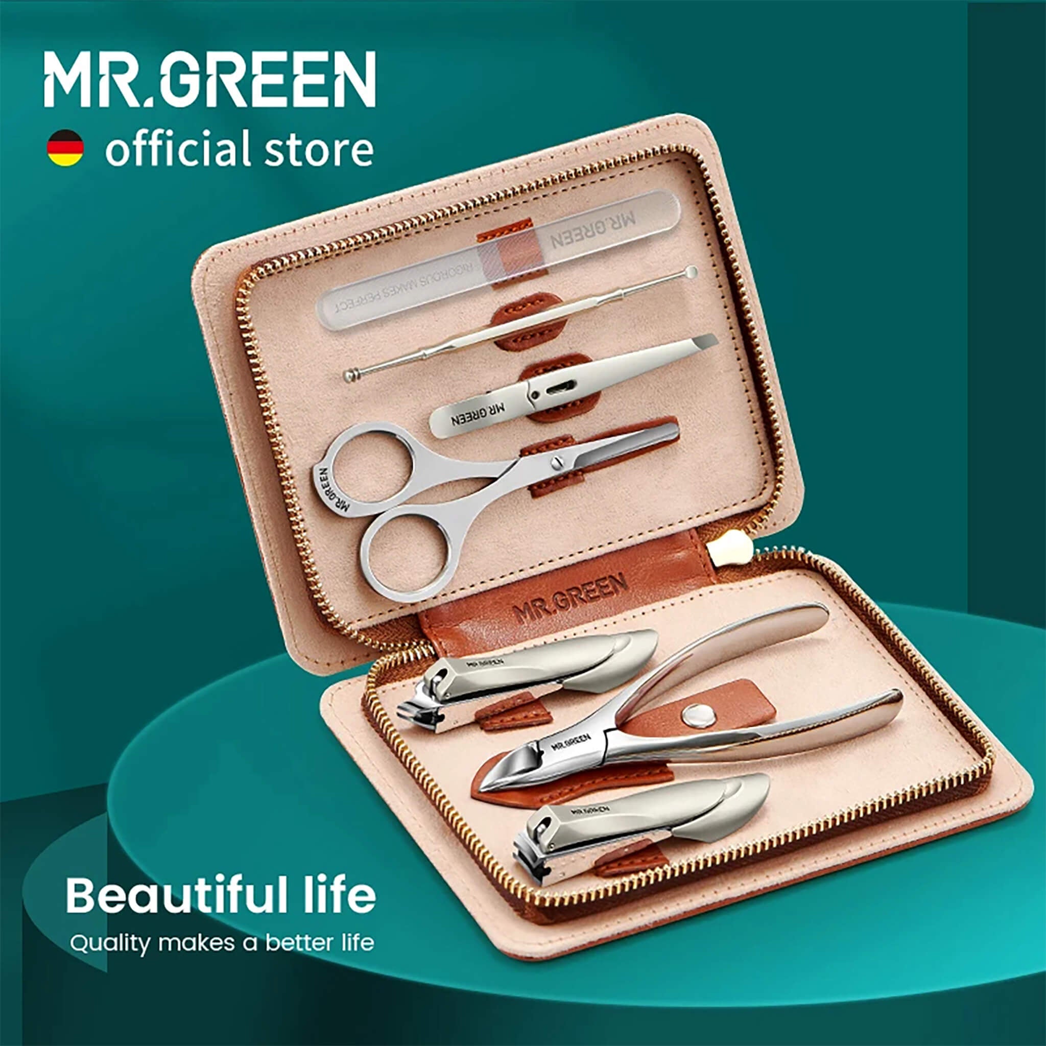 MR.GREEN 7-in-1 manicure set in tan leather zip case with stainless nail clippers, toenail nipper, scissors, cuticle pusher/ear pick and glass nail file travel kit.