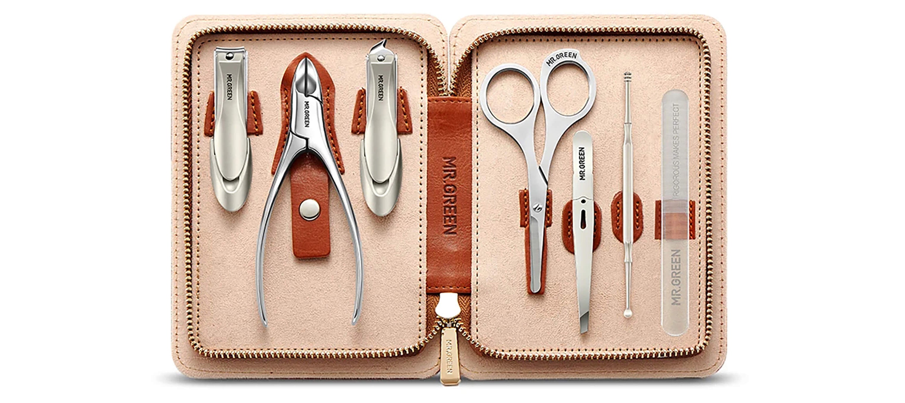 MR.GREEN 7-in-1 manicure set in gray leather zip case with stainless steel tools: clippers, nipper, scissors, tweezers, cuticle pusher and glass file