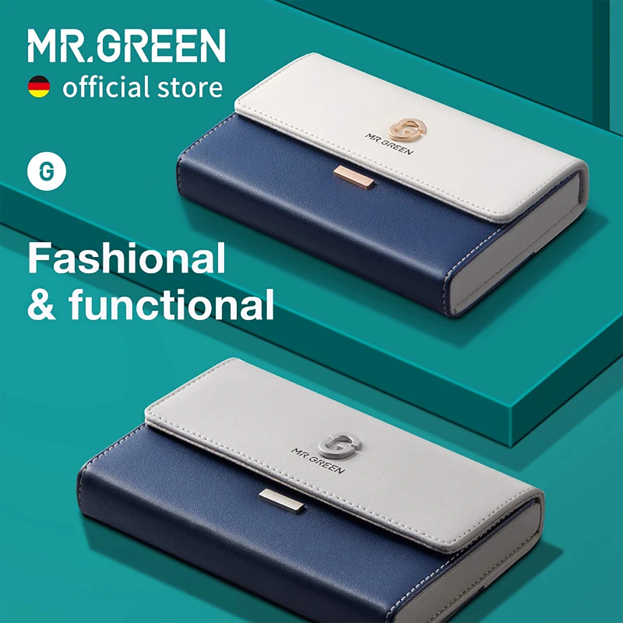 MR.GREEN 8-in-1 manicure set wallet case—navy/white leather with metal G logo and magnetic clasp; fashionable hero image
