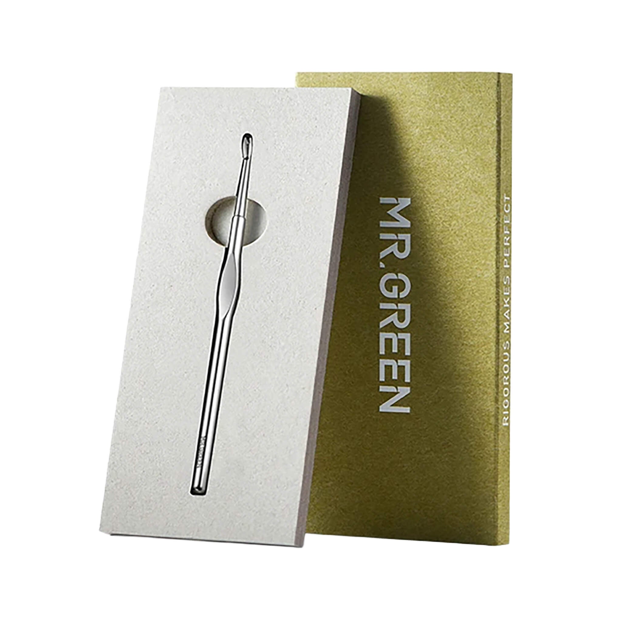MR.GREEN cuticle pusher premium packaging gift box, branded rigid box with molded tray, studio photo on white.
