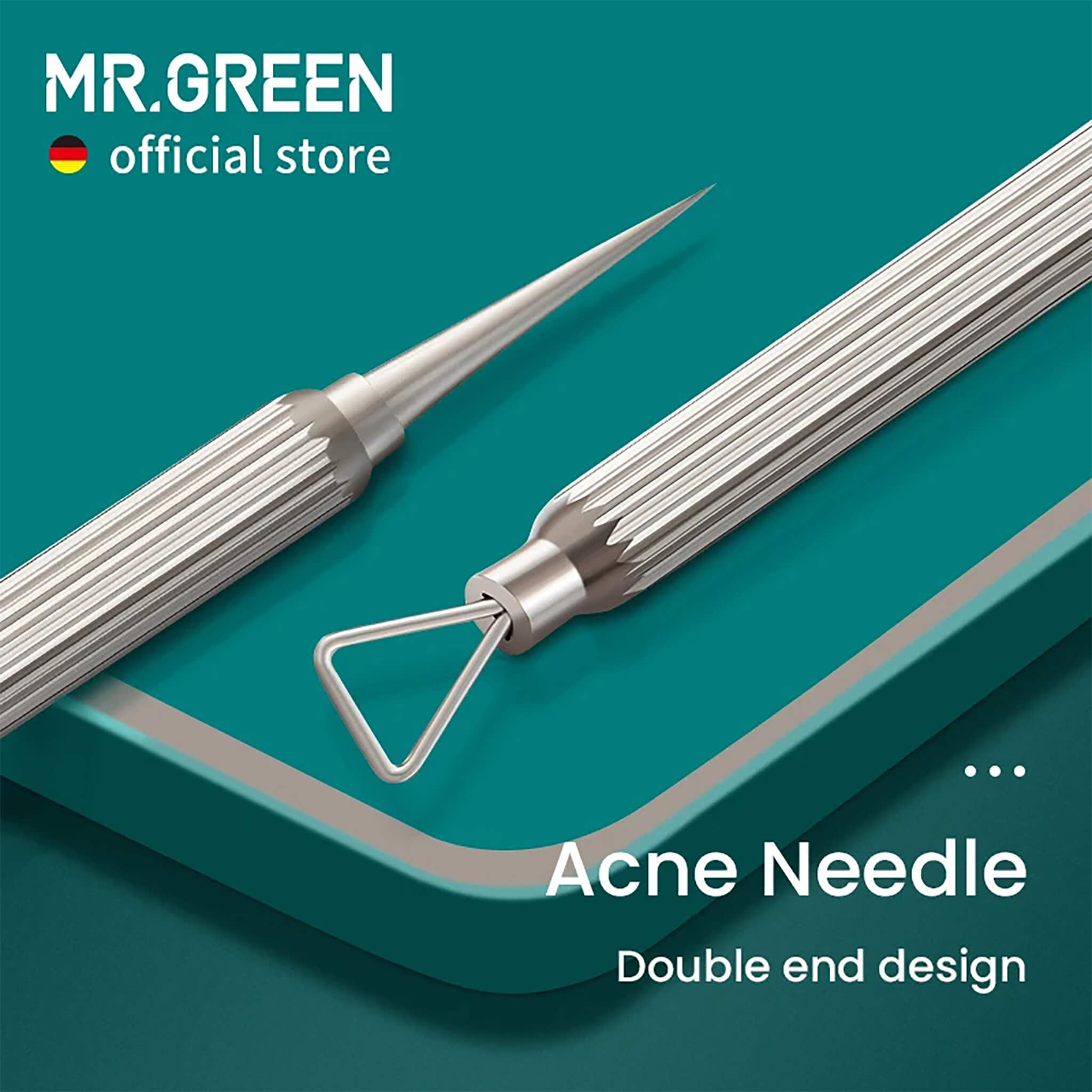 MR.GREEN double-ended stainless steel acne needle with triangular loop and fine lancet for hygienic blackhead removal.