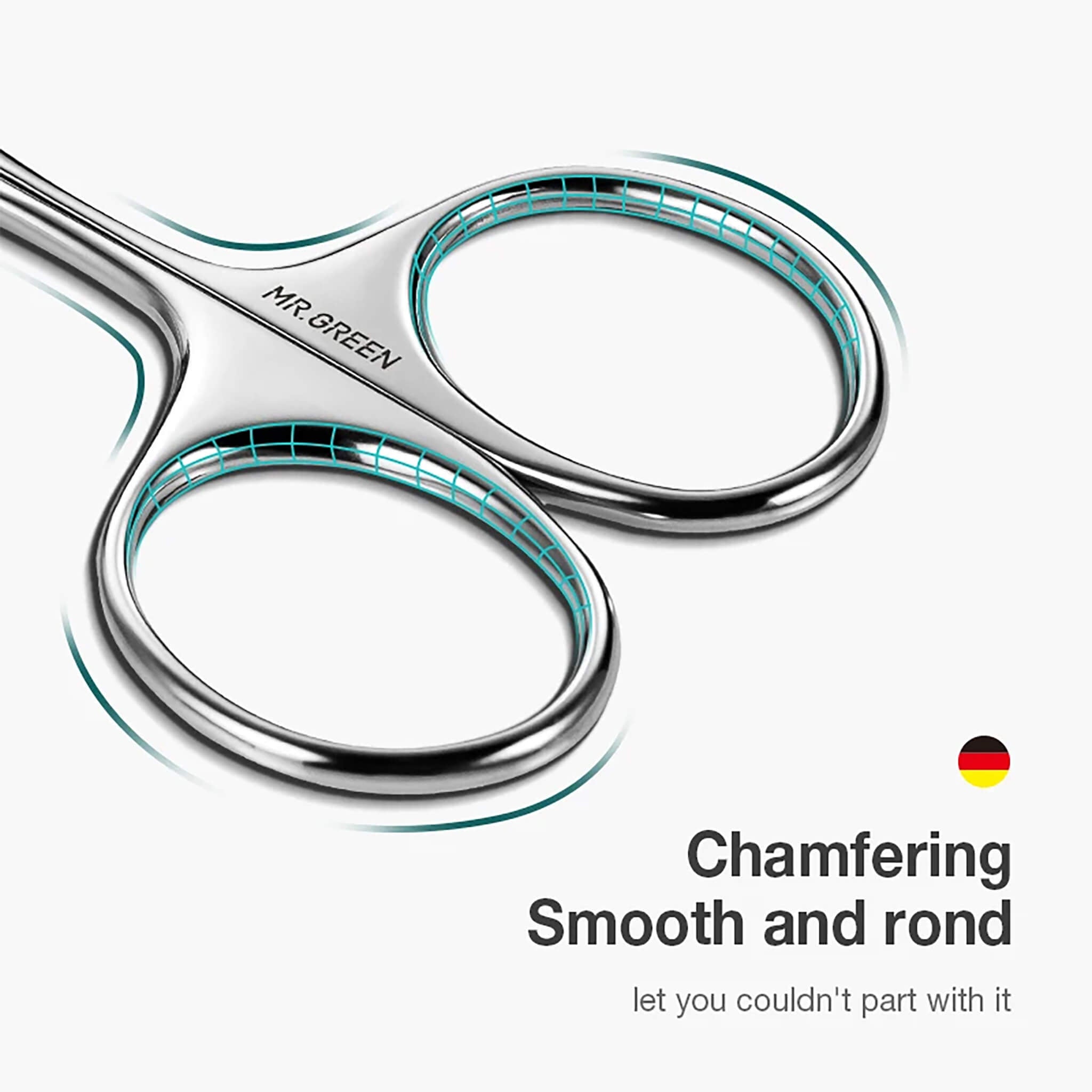 MR.GREEN Gesichtshaarschere aus Edelstahl, ergonomische Fingergriffe mit abgerundeter Fase für komfortablen, rutschfesten Halt; Nahaufnahme.