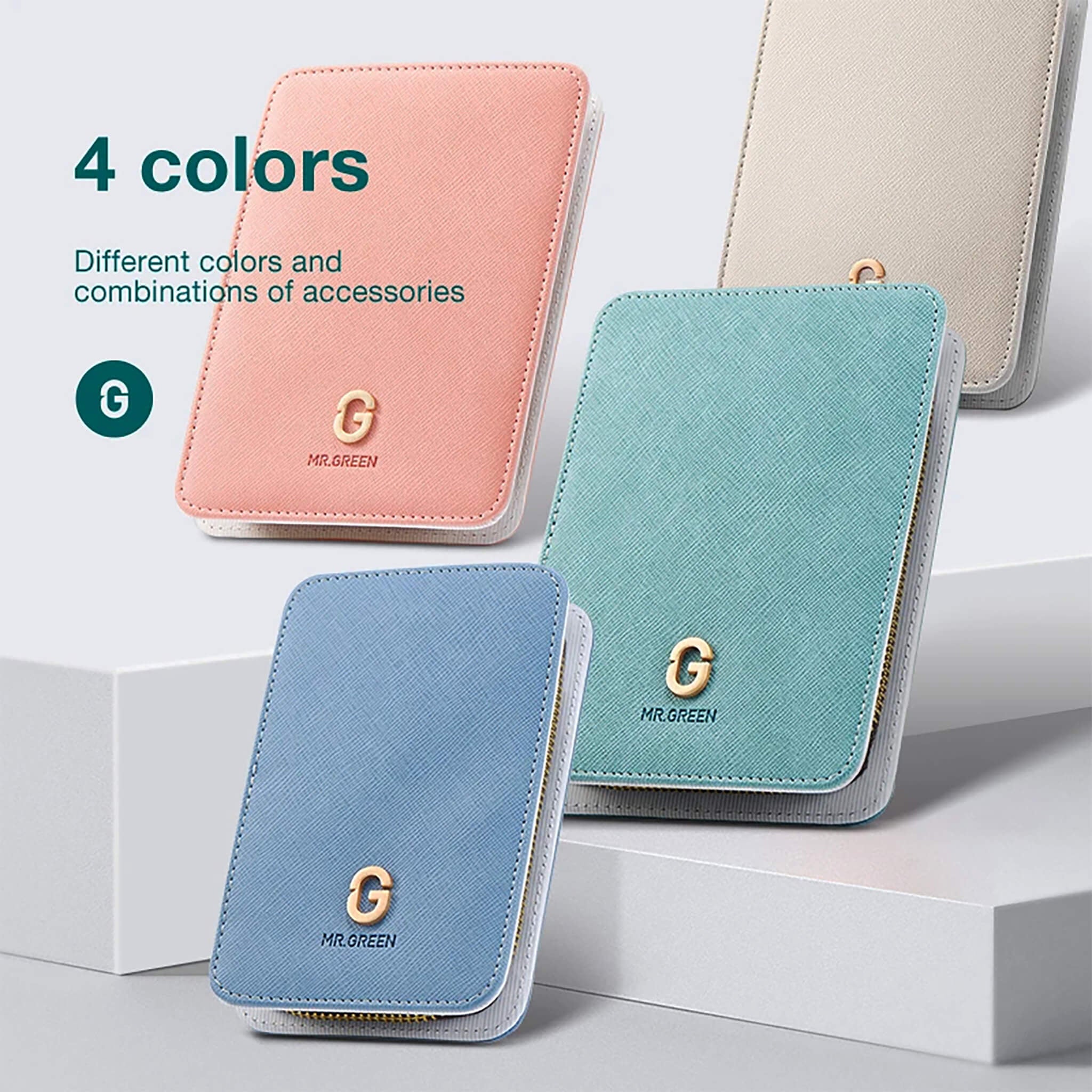 Estuche MR.GREEN Imprint para manicura en 4 colores - rosa, azul, turquesa y marfil con textura grabada y logo dorado