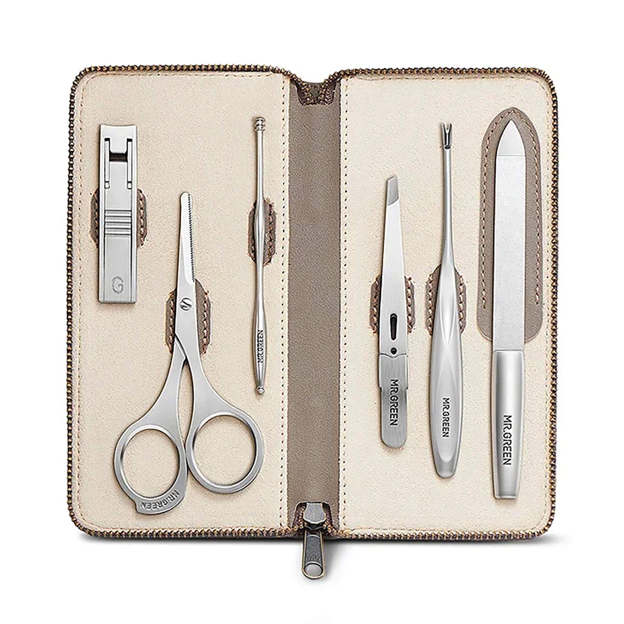 MR.GREEN MR-760i luxury manicure set, main image — open leather zip case with stainless-steel clipper, scissors, tweezers and nail file.