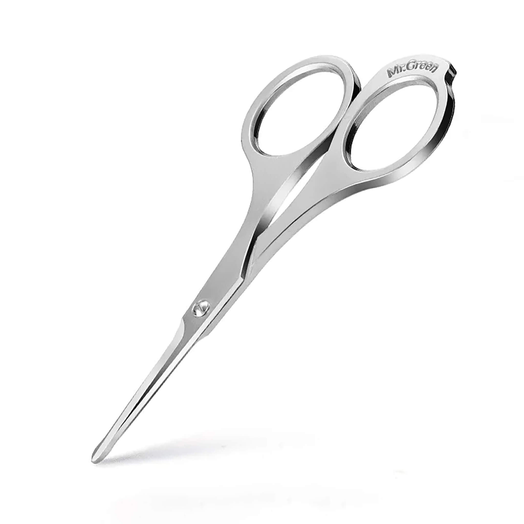 MR.GREEN MR-2005 nose hair scissors, rounded safety tips and ergonomic rings; stainless steel studio photo on white.