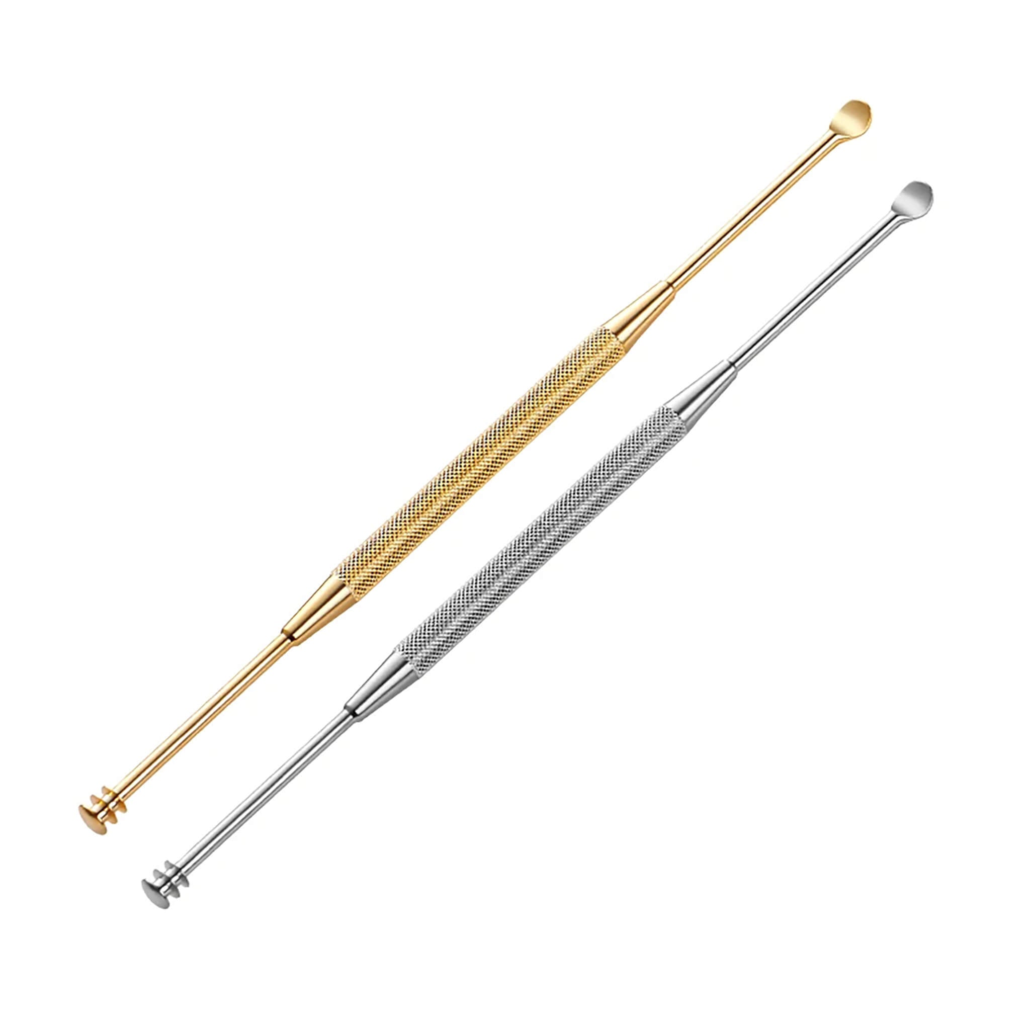 MR.GREEN MR-2157 Plus earwax remover set, gold and silvery double-ended picks with scoop and three-ring spiral; two-pack on white.