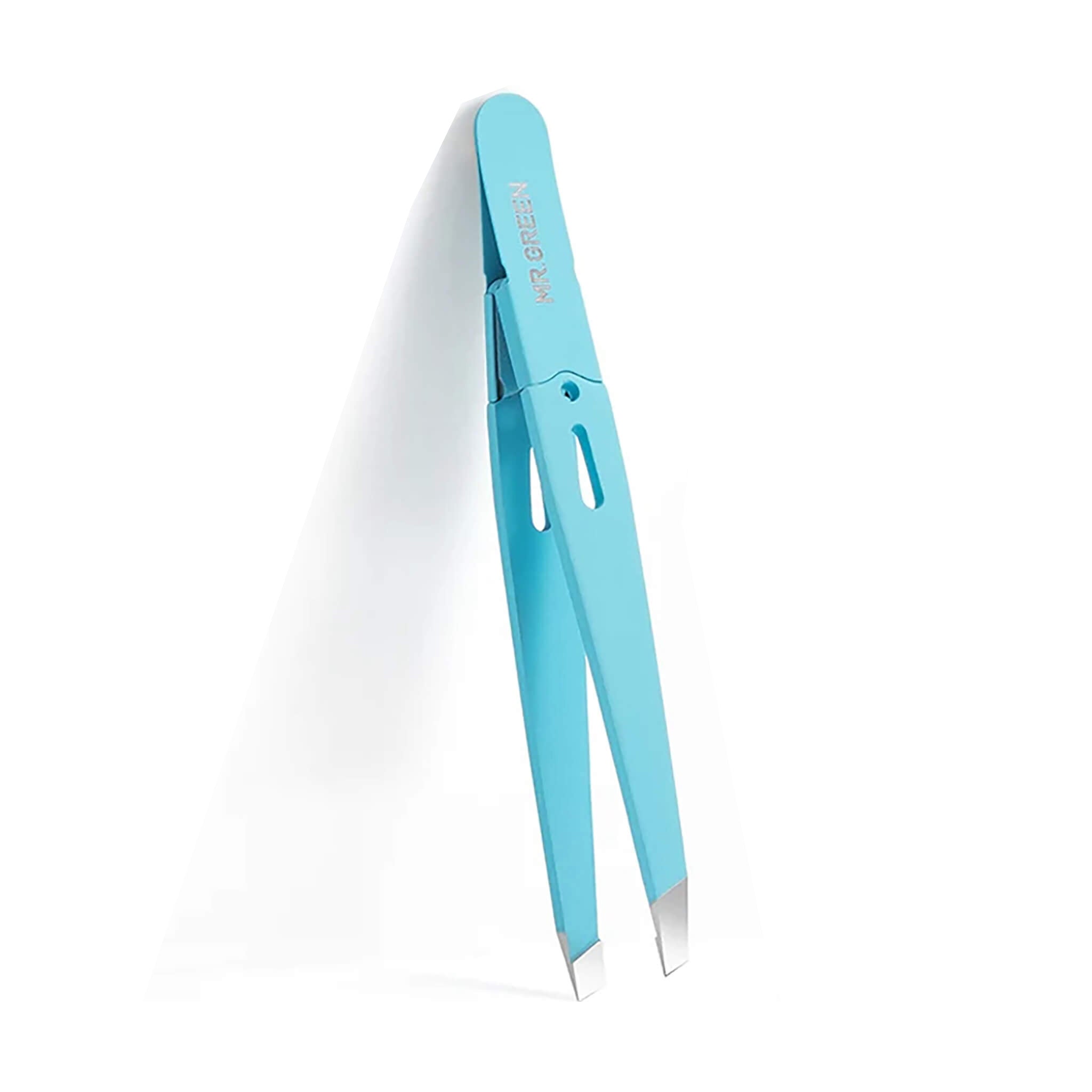 MR.GREEN MR-2168BU slant eyebrow tweezer, stainless-steel tips and anti-fingerprint blue handle; primary product image.